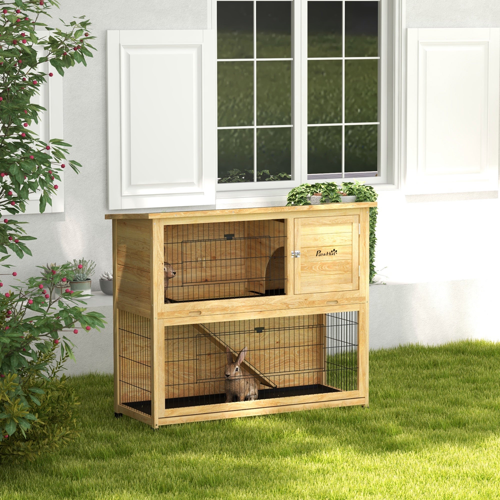 Rabbit Hutch 2 Levels with 3 Lockable Doors Sliding Tray Ramp and Bituminous Roof Solid Wood, 120 x 50 x 102 cm, Yellow