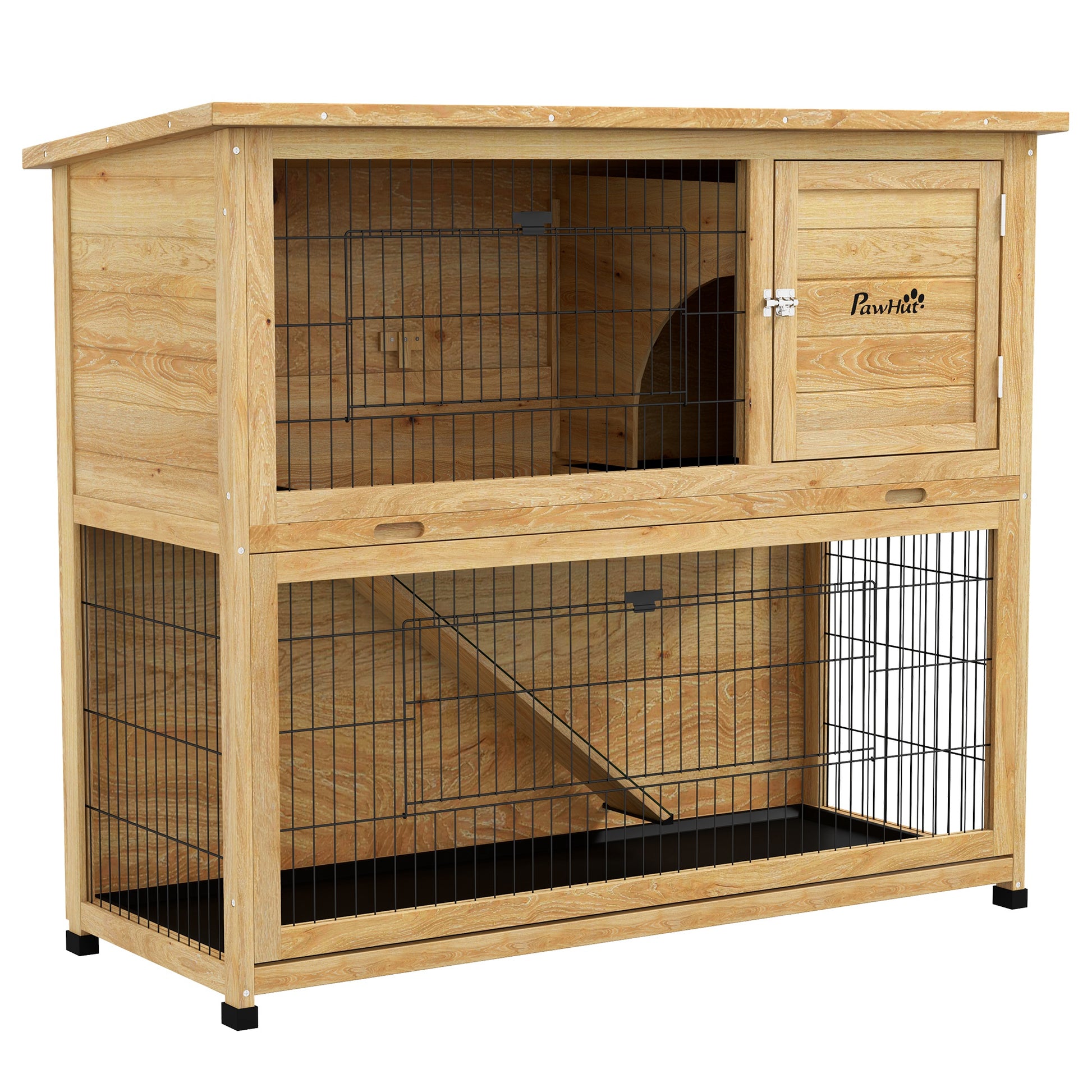 Rabbit Hutch 2 Levels with 3 Lockable Doors Sliding Tray Ramp and Bituminous Roof Solid Wood, 120 x 50 x 102 cm, Yellow