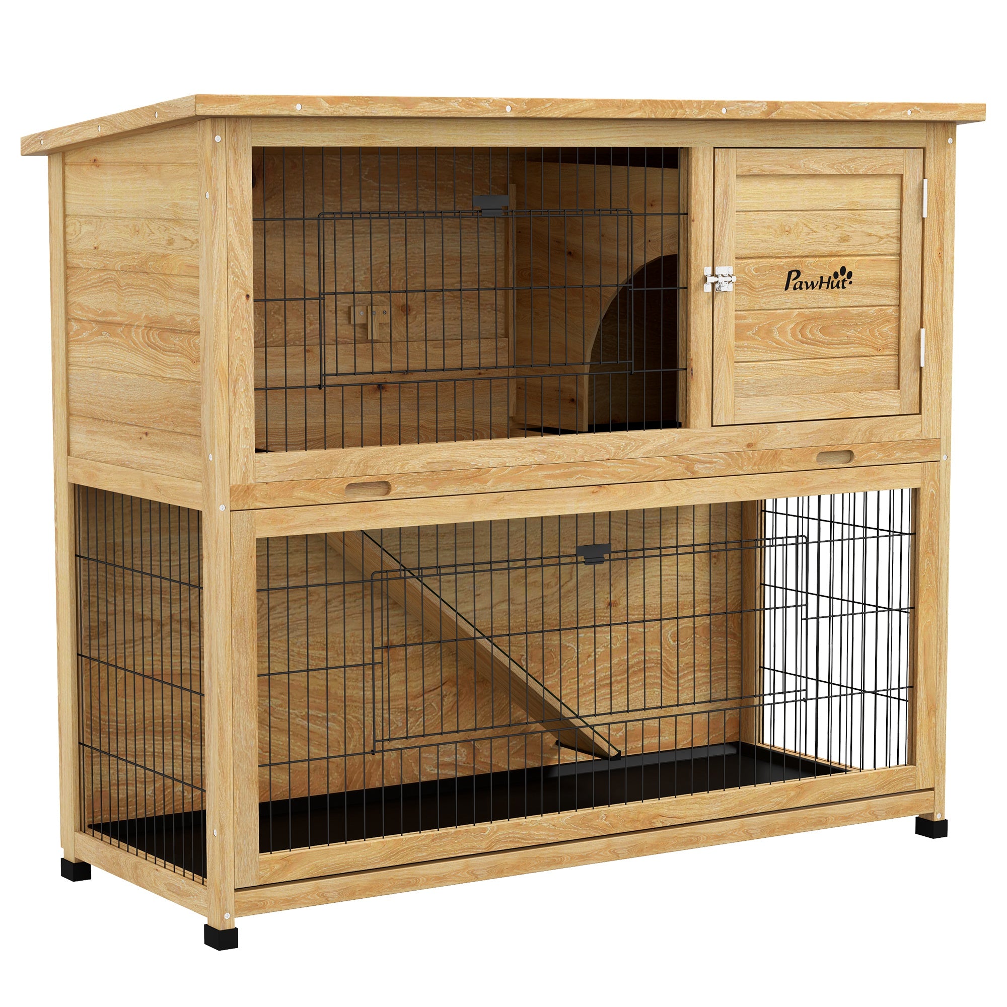 Rabbit Hutch 2 Levels with 3 Lockable Doors Sliding Tray Ramp and Bituminous Roof Solid Wood, 120 x 50 x 102 cm, Yellow