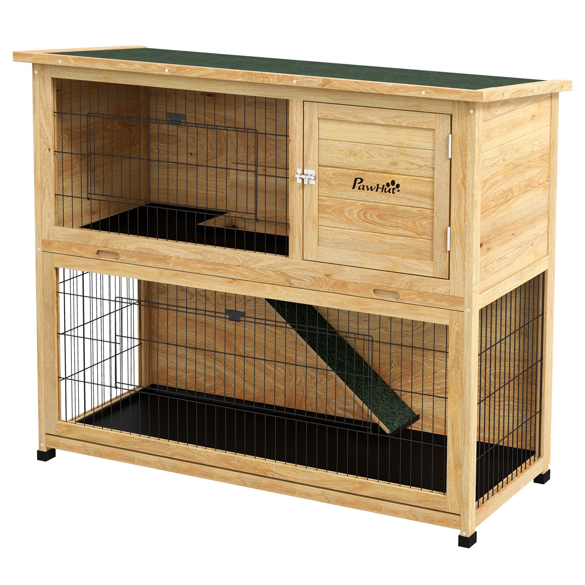 Rabbit Hutch 2 Levels with 3 Lockable Doors Sliding Tray Ramp and Bituminous Roof Solid Wood, 120 x 50 x 102 cm, Yellow