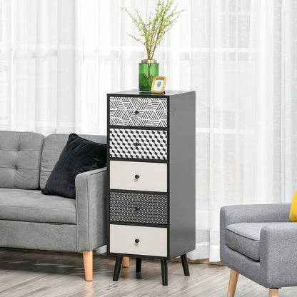 Geometric Pattern 5-Drawer Dresser, Modern Furniture for Bedroom and Entrance, 40x40x111.5cm Black Gray