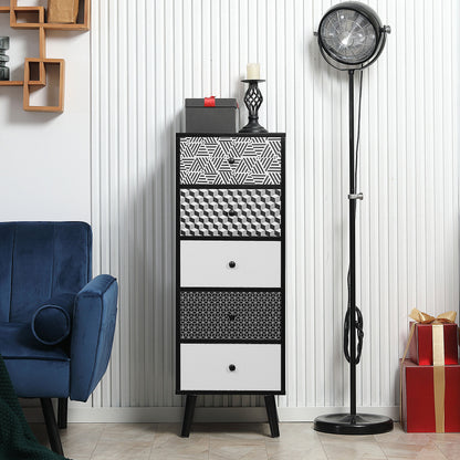 Geometric Pattern 5-Drawer Dresser, Modern Furniture for Bedroom and Entrance, 40x40x111.5cm Black Gray