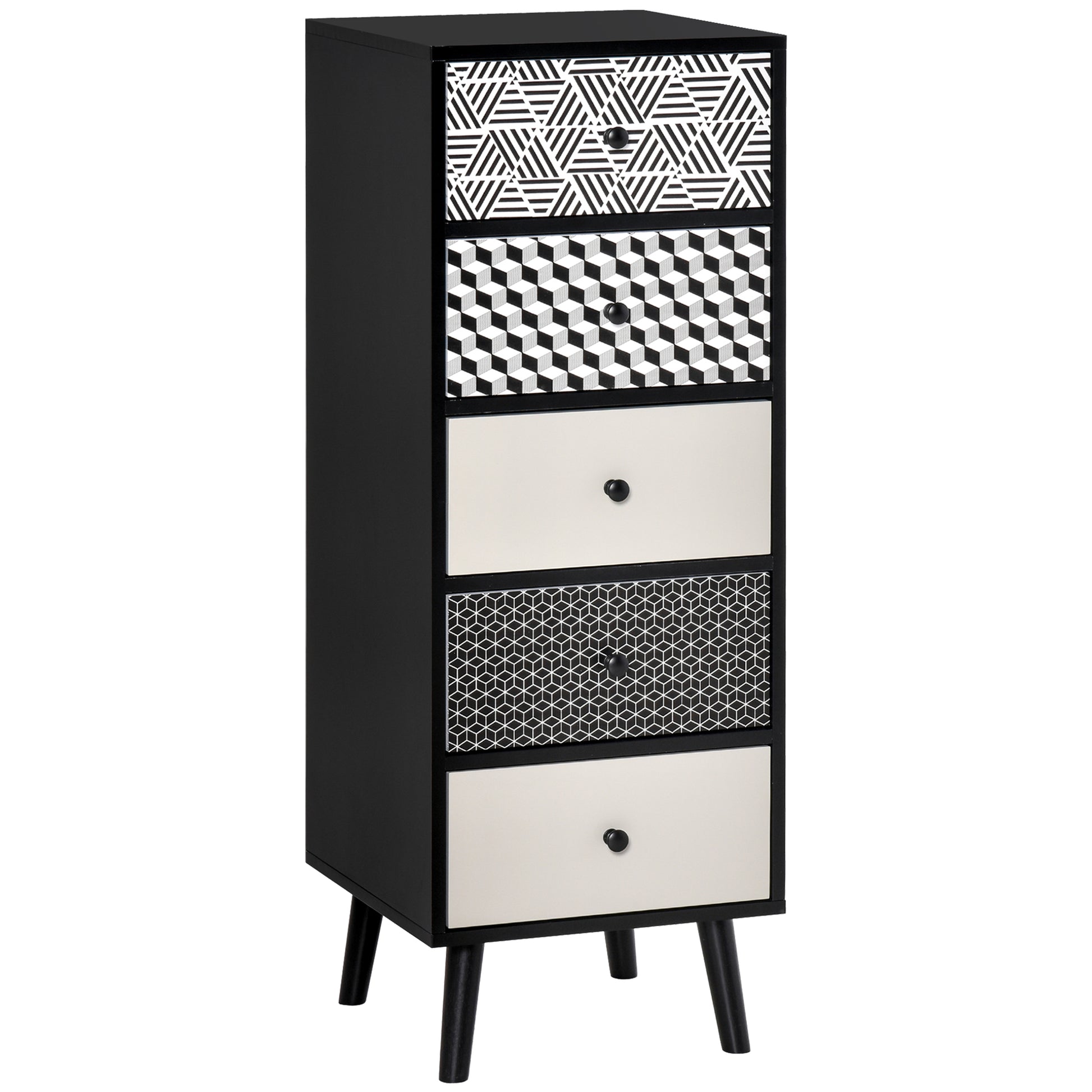 Geometric Pattern 5-Drawer Dresser, Modern Furniture for Bedroom and Entrance, 40x40x111.5cm Black Gray
