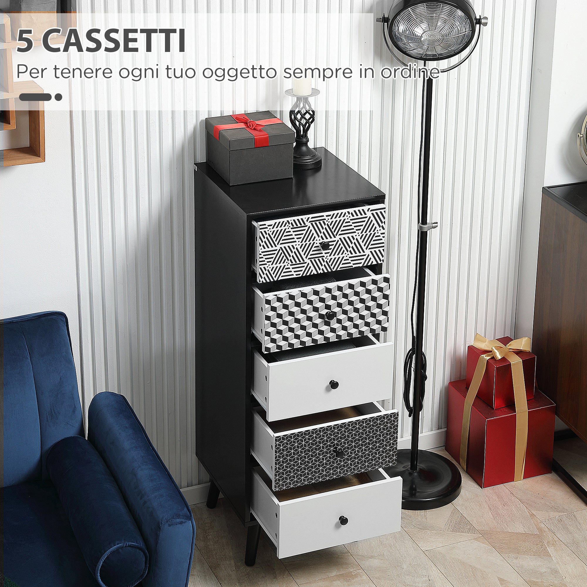 Geometric Pattern 5-Drawer Dresser, Modern Furniture for Bedroom and Entrance, 40x40x111.5cm Black Gray