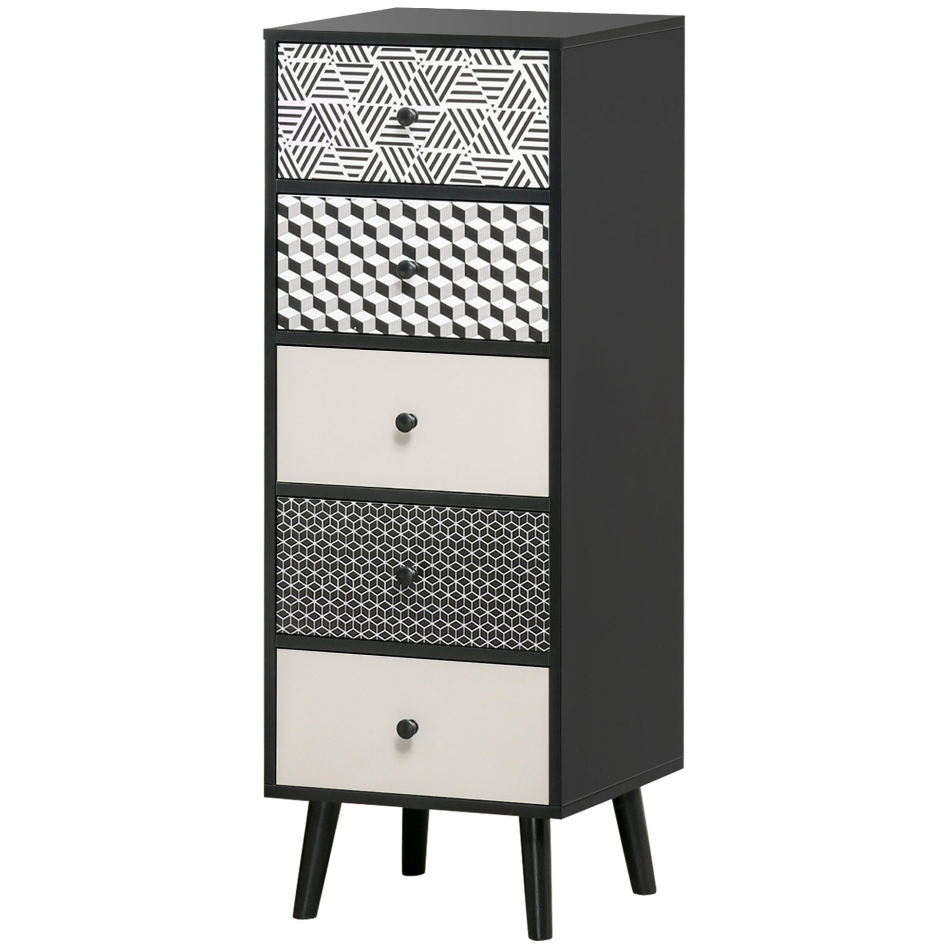 Geometric Pattern 5-Drawer Dresser, Modern Furniture for Bedroom and Entrance, 40x40x111.5cm Black Gray