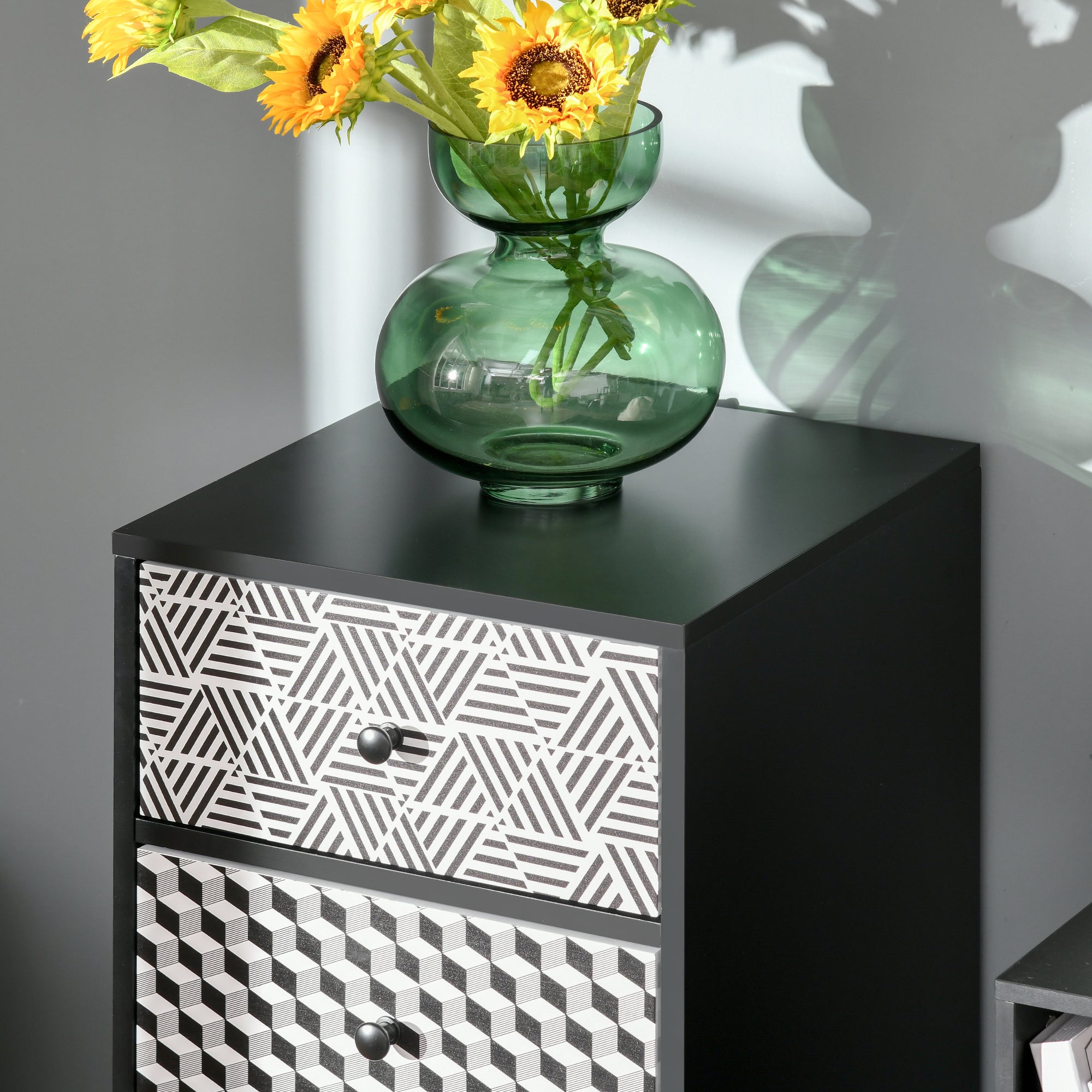 Geometric Pattern 5-Drawer Dresser, Modern Furniture for Bedroom and Entrance, 40x40x111.5cm Black Gray