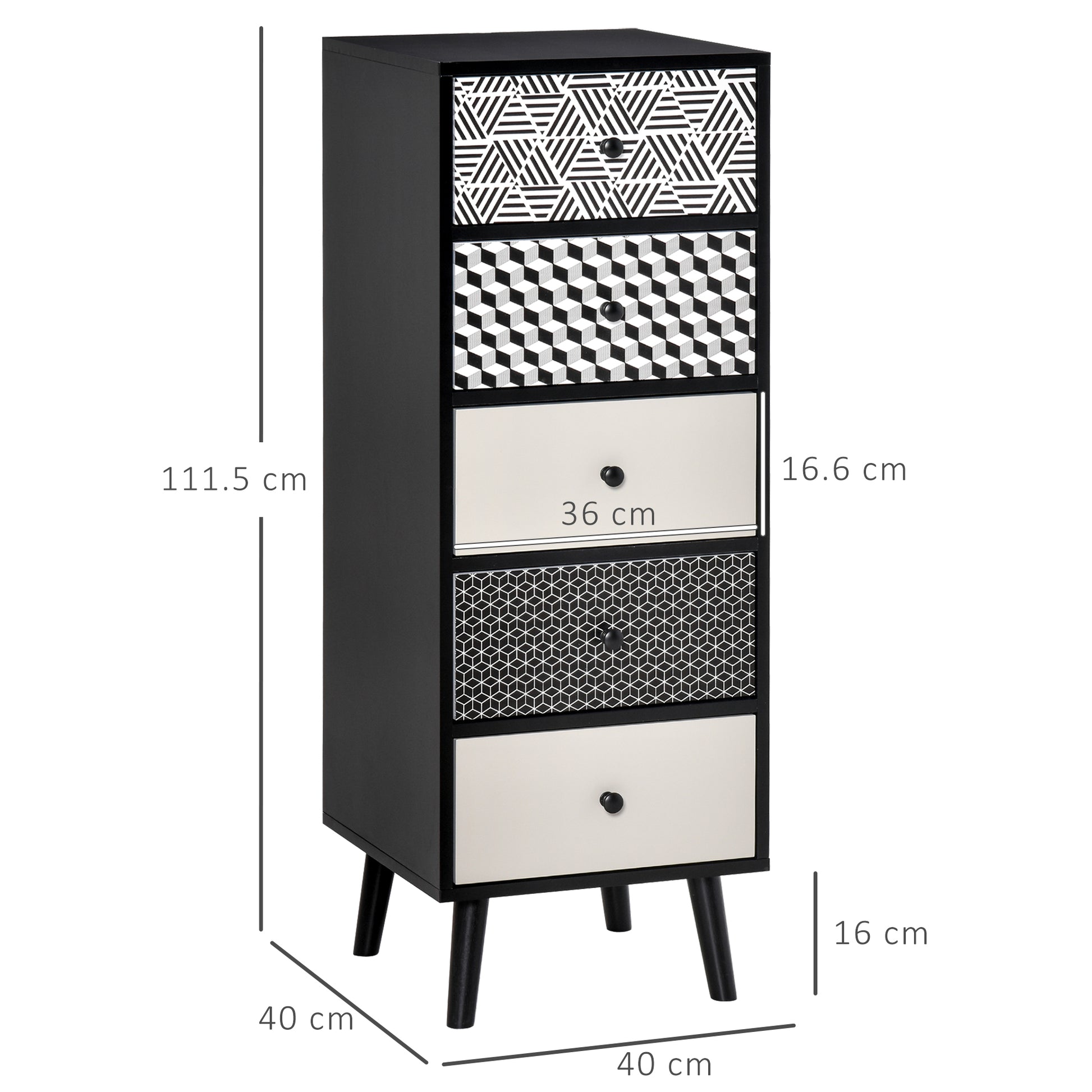 Geometric Pattern 5-Drawer Dresser, Modern Furniture for Bedroom and Entrance, 40x40x111.5cm Black Gray