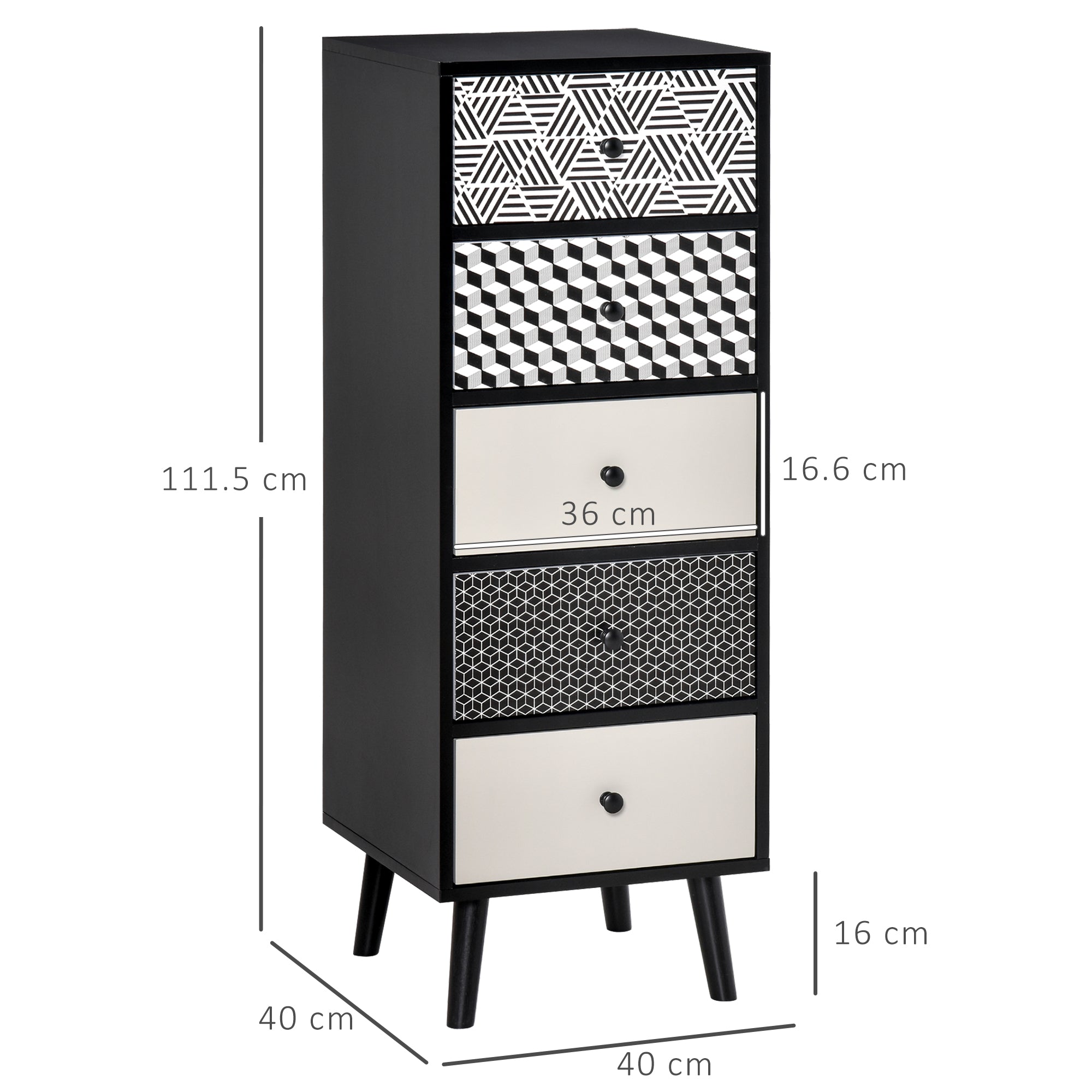 Geometric Pattern 5-Drawer Dresser, Modern Furniture for Bedroom and Entrance, 40x40x111.5cm Black Gray
