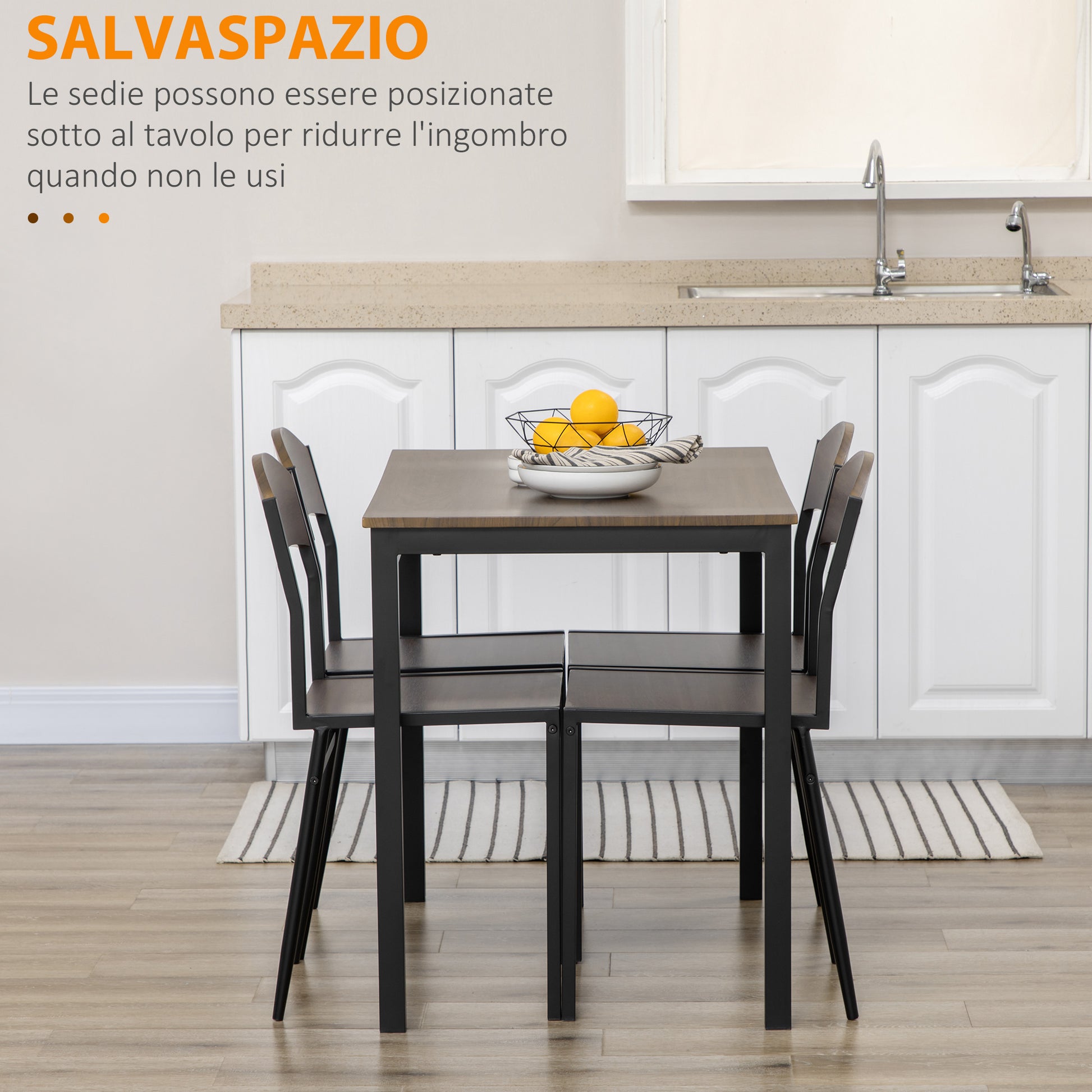 5-Piece Dining Set with 1 Rectangular Table 100x63x76.5 cm and 4 Chairs 45x40x82 cm, in Metal and MDF, Black and Brown