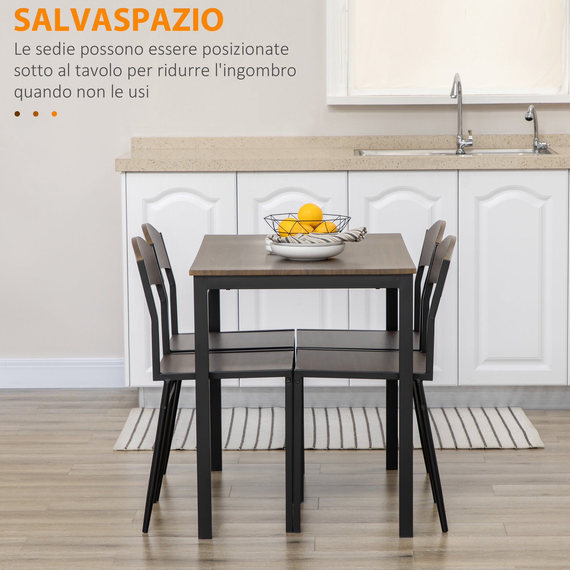 5-Piece Dining Set with 1 Rectangular Table 100x63x76.5 cm and 4 Chairs 45x40x82 cm, in Metal and MDF, Black and Brown