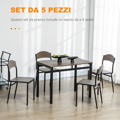 5-Piece Dining Set with 1 Rectangular Table 100x63x76.5 cm and 4 Chairs 45x40x82 cm, in Metal and MDF, Black and Brown