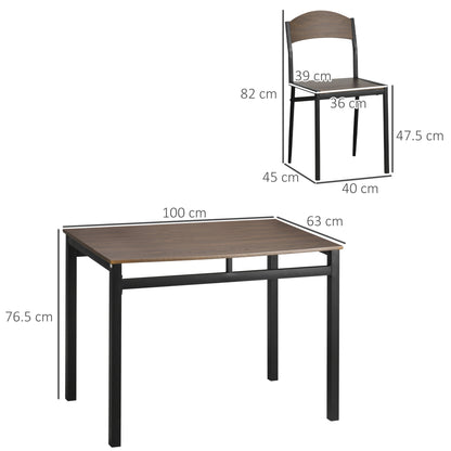 5-Piece Dining Set with 1 Rectangular Table 100x63x76.5 cm and 4 Chairs 45x40x82 cm, in Metal and MDF, Black and Brown