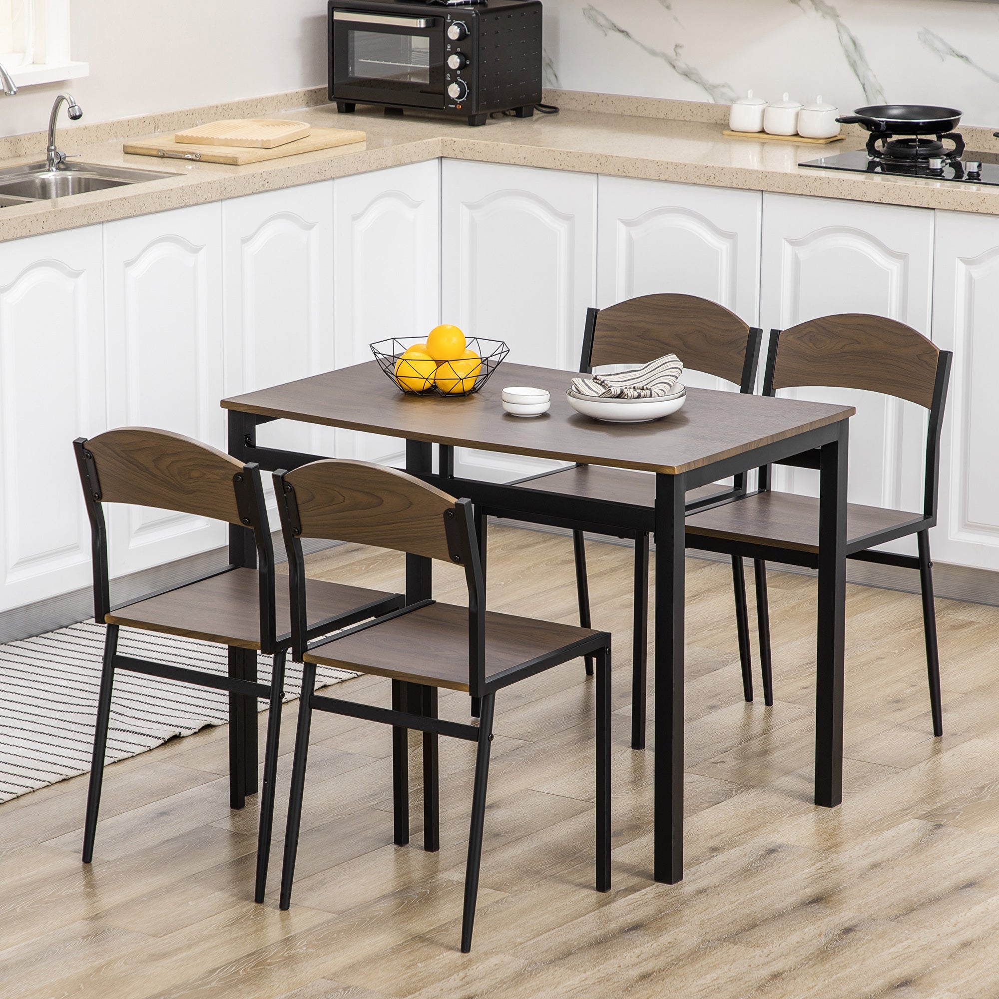 5-Piece Dining Set with 1 Rectangular Table 100x63x76.5 cm and 4 Chairs 45x40x82 cm, in Metal and MDF, Black and Brown