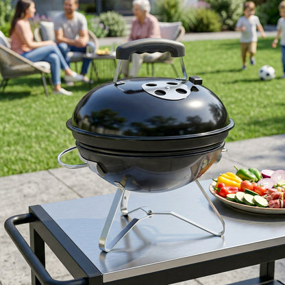 Portable Charcoal Grill, Round Charcoal Barbecue with Lid Stand, Cooking Grate, Adjustable Vents, for Balcony, Picnic, Camping, Ø41 x 44 cm, Black