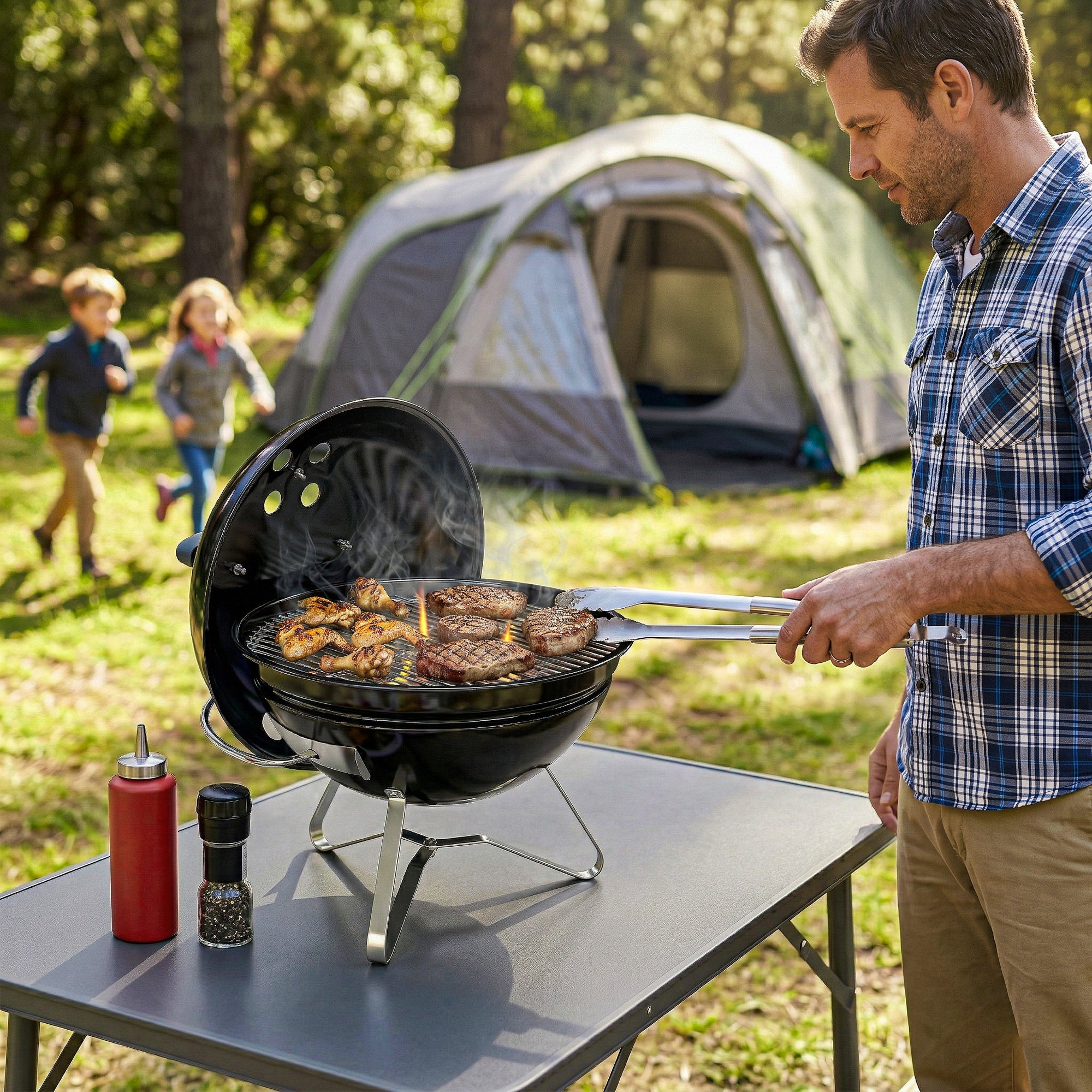 Portable Charcoal Grill, Round Charcoal Barbecue with Lid Stand, Cooking Grate, Adjustable Vents, for Balcony, Picnic, Camping, Ø41 x 44 cm, Black