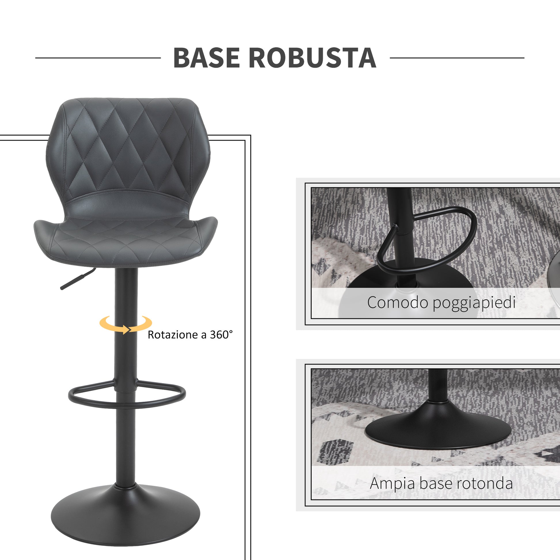 Set of 2 High Bar Stools in Faux Leather with Adjustable Height, Swivel Kitchen Stools with Backrest and Footrest, 44x50.5x94-114cm Gray