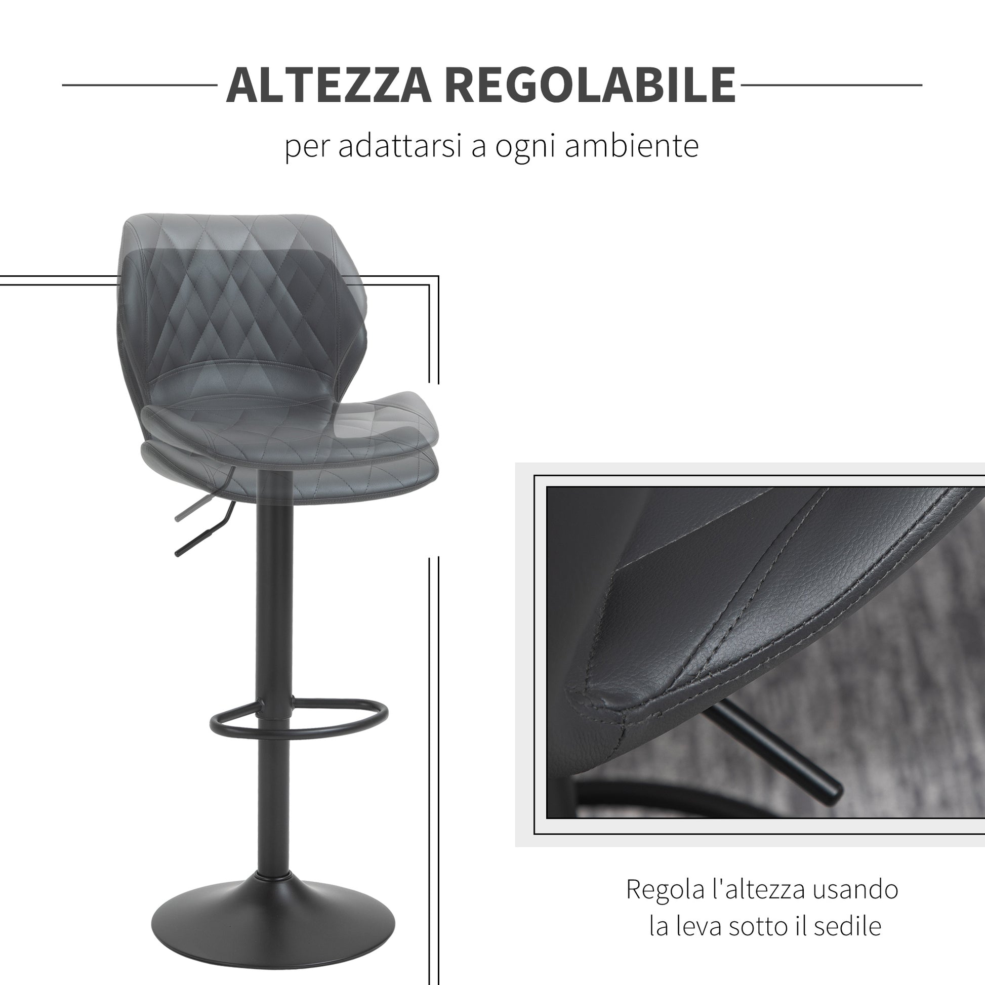 Set of 2 High Bar Stools in Faux Leather with Adjustable Height, Swivel Kitchen Stools with Backrest and Footrest, 44x50.5x94-114cm Gray