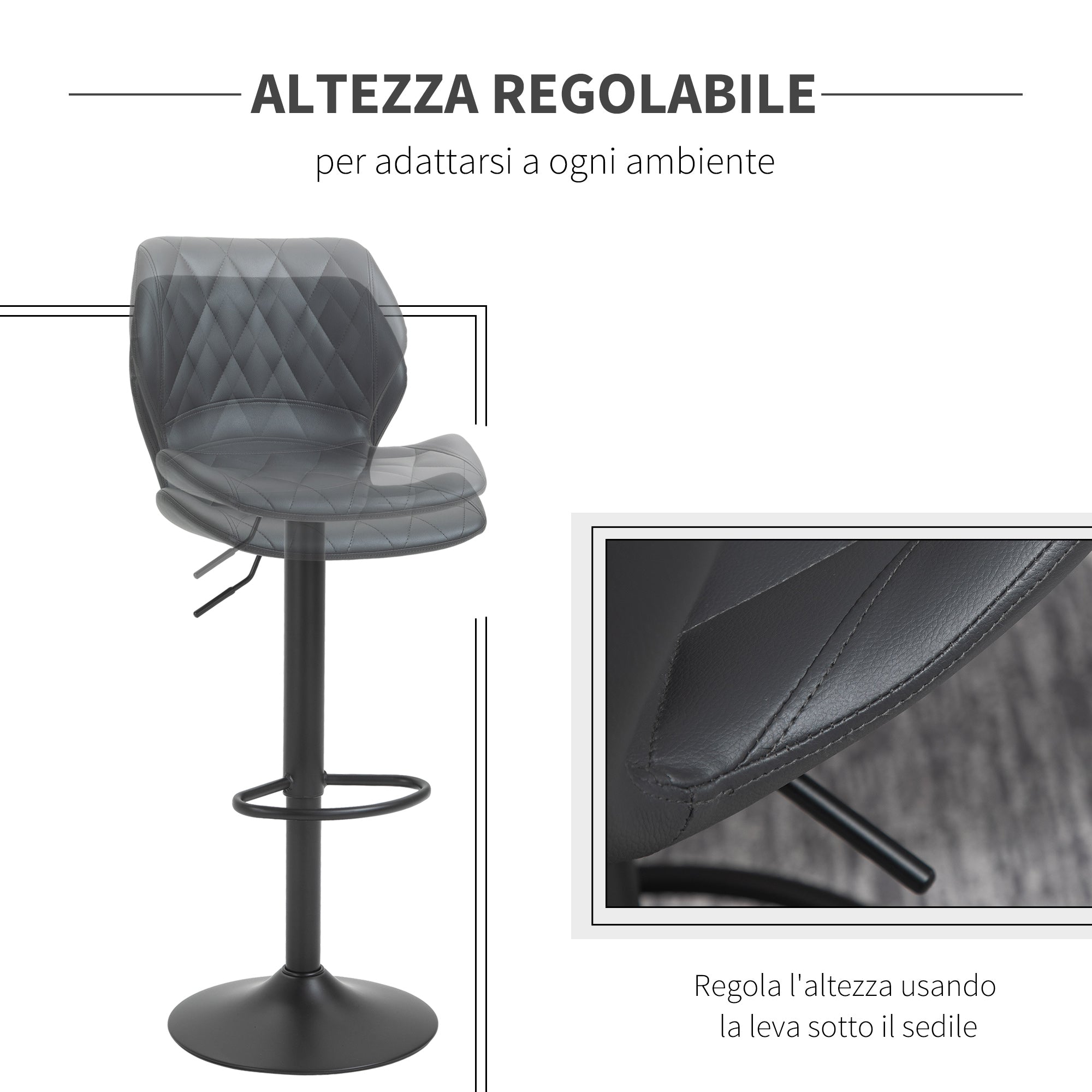 Set of 2 High Bar Stools in Faux Leather with Adjustable Height, Swivel Kitchen Stools with Backrest and Footrest, 44x50.5x94-114cm Gray