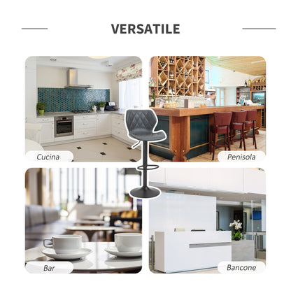 Set of 2 High Bar Stools in Faux Leather with Adjustable Height, Swivel Kitchen Stools with Backrest and Footrest, 44x50.5x94-114cm Gray