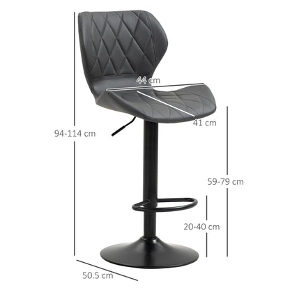 Set of 2 High Bar Stools in Faux Leather with Adjustable Height, Swivel Kitchen Stools with Backrest and Footrest, 44x50.5x94-114cm Gray