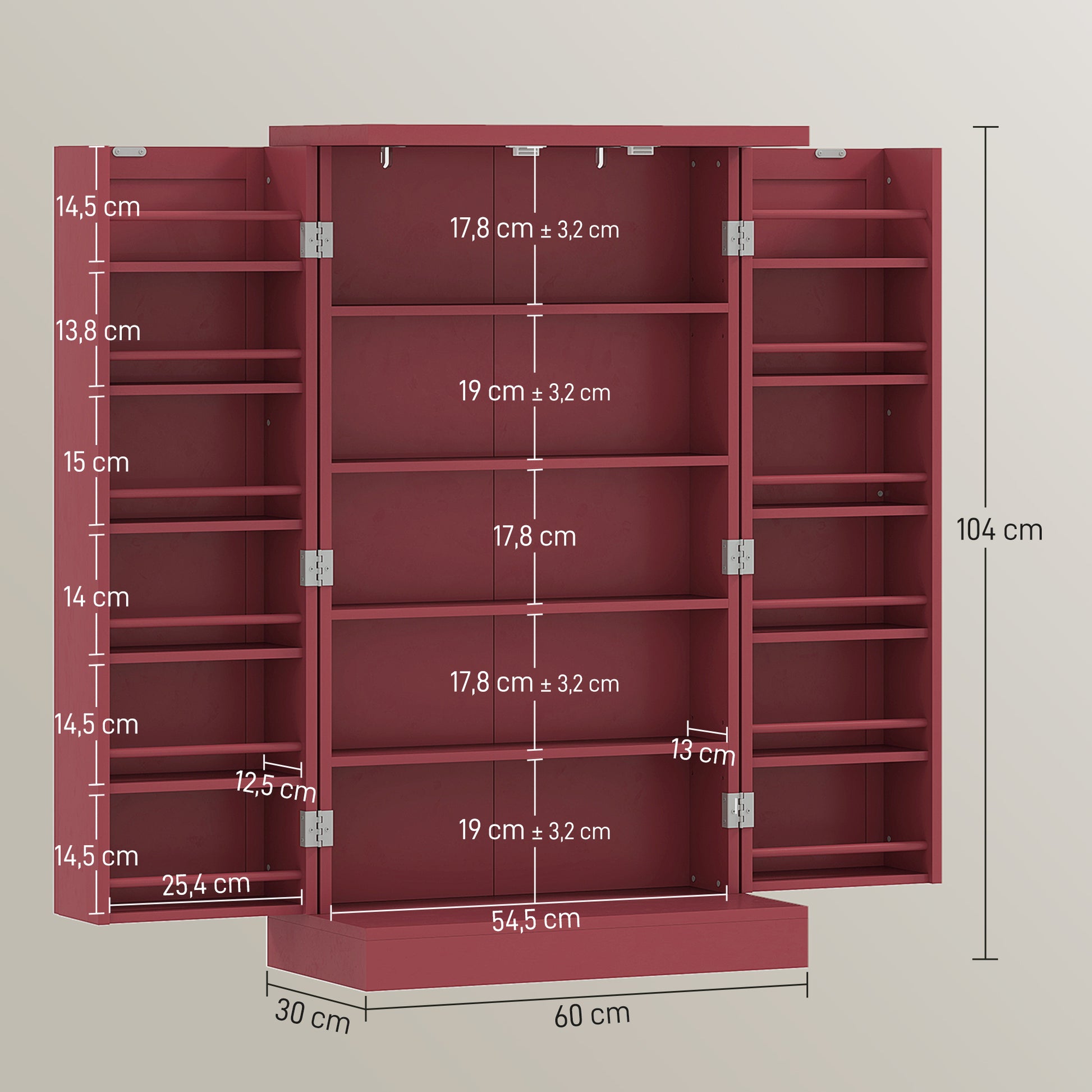 Kitchen Buffet Storage Cabinet Kitchen 12 Adjustable Shelf Door Shelves 60 x 30 x 104 cm for Living Room, Dining Room in Red Wood