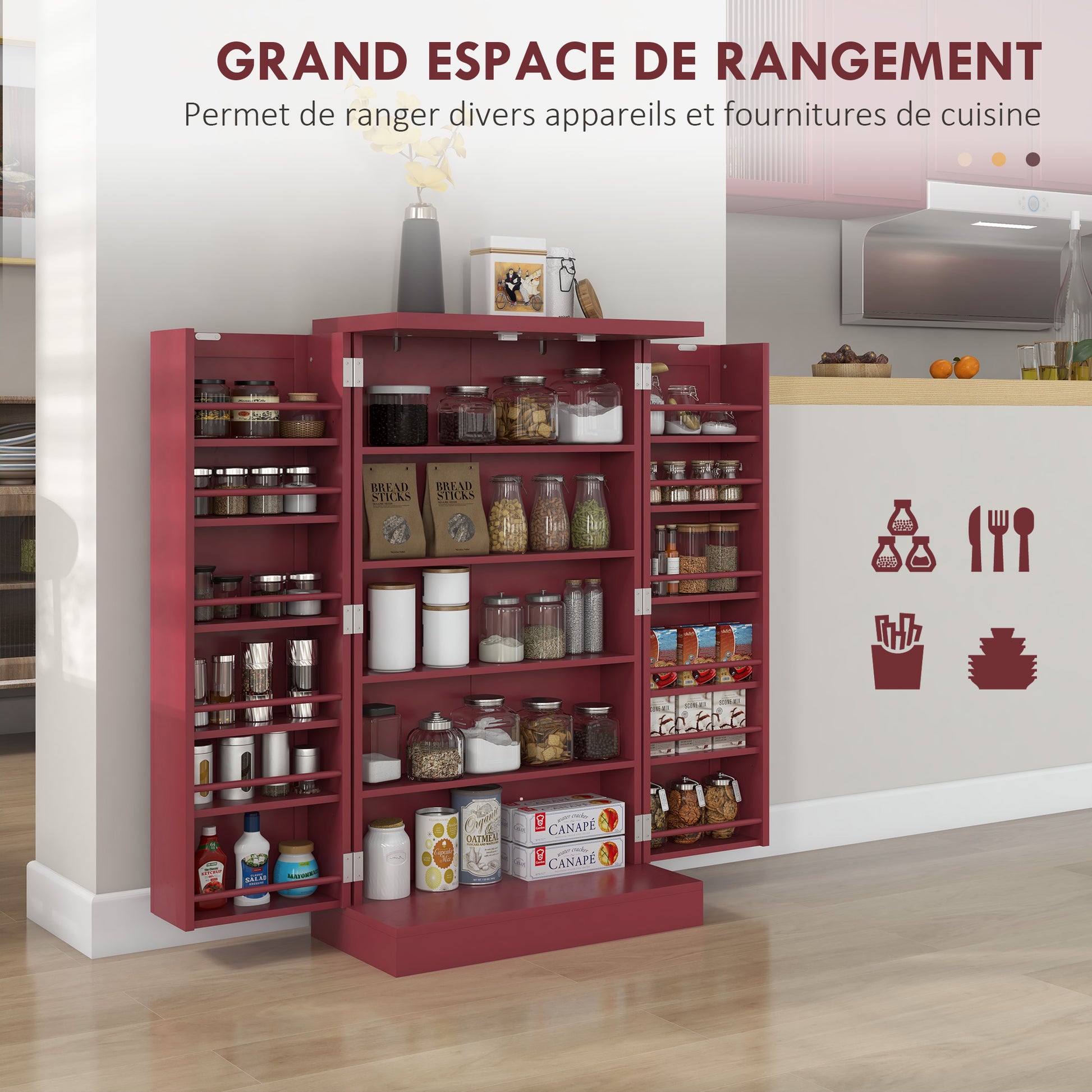 Kitchen Buffet Storage Cabinet Kitchen 12 Adjustable Shelf Door Shelves 60 x 30 x 104 cm for Living Room, Dining Room in Red Wood