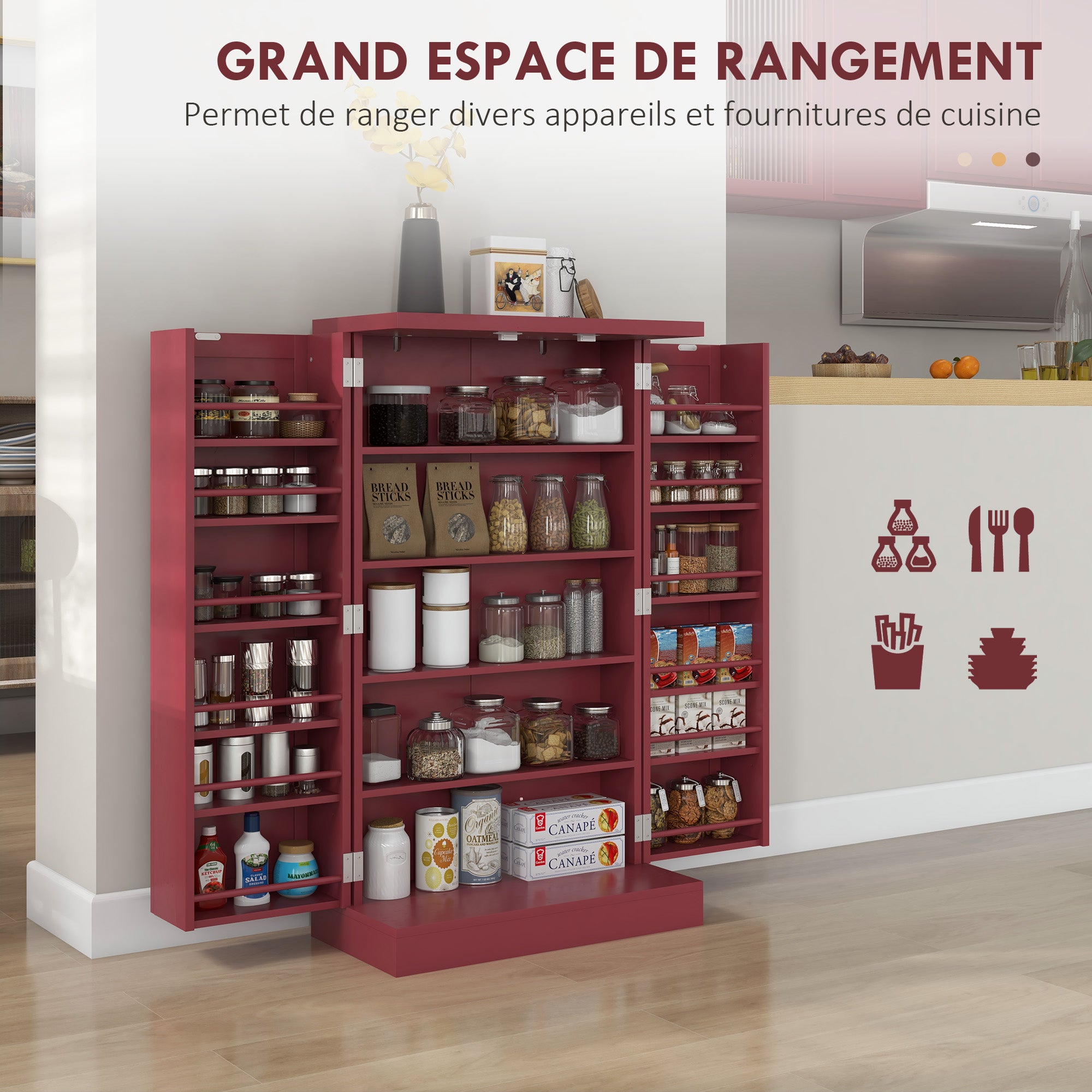 Kitchen Buffet Storage Cabinet Kitchen 12 Adjustable Shelf Door Shelves 60 x 30 x 104 cm for Living Room, Dining Room in Red Wood