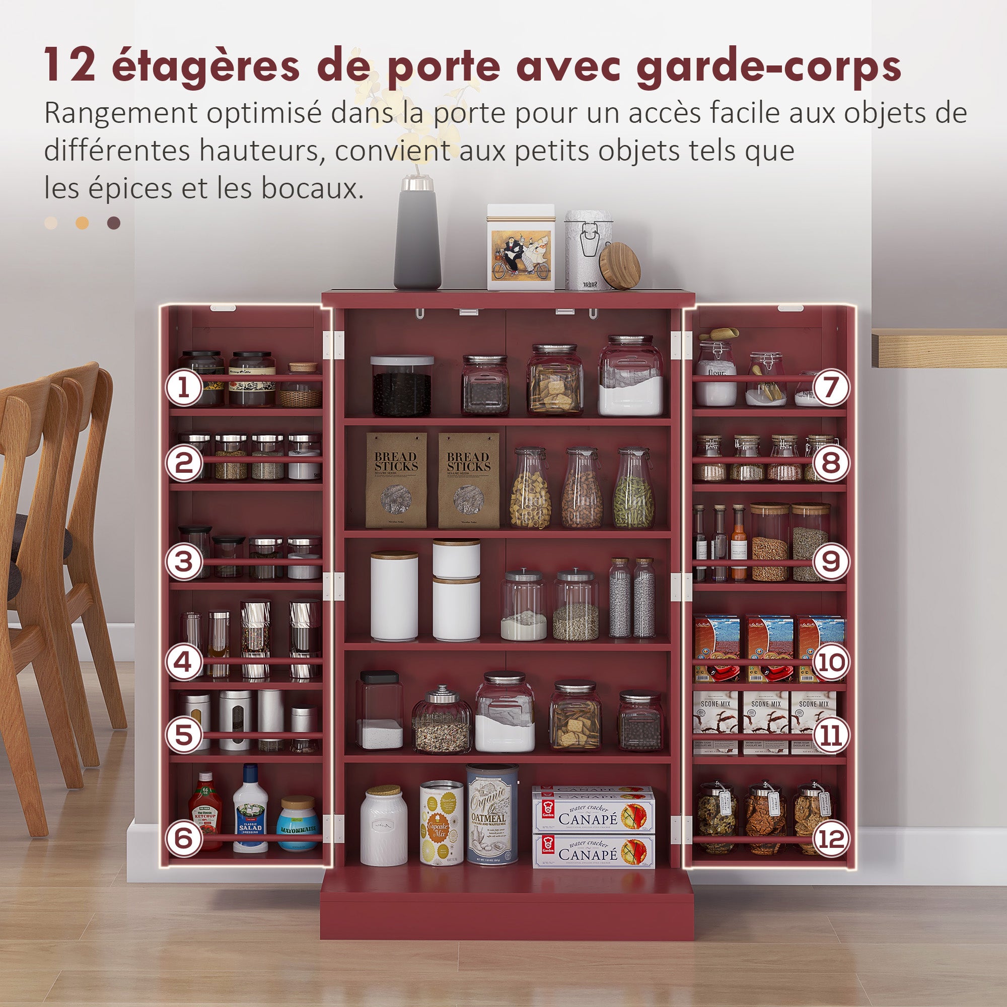 Kitchen Buffet Storage Cabinet Kitchen 12 Adjustable Shelf Door Shelves 60 x 30 x 104 cm for Living Room, Dining Room in Red Wood