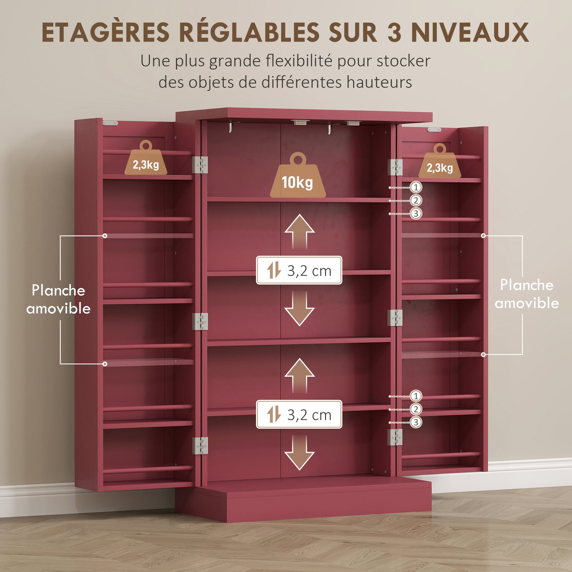 Kitchen Buffet Storage Cabinet Kitchen 12 Adjustable Shelf Door Shelves 60 x 30 x 104 cm for Living Room, Dining Room in Red Wood