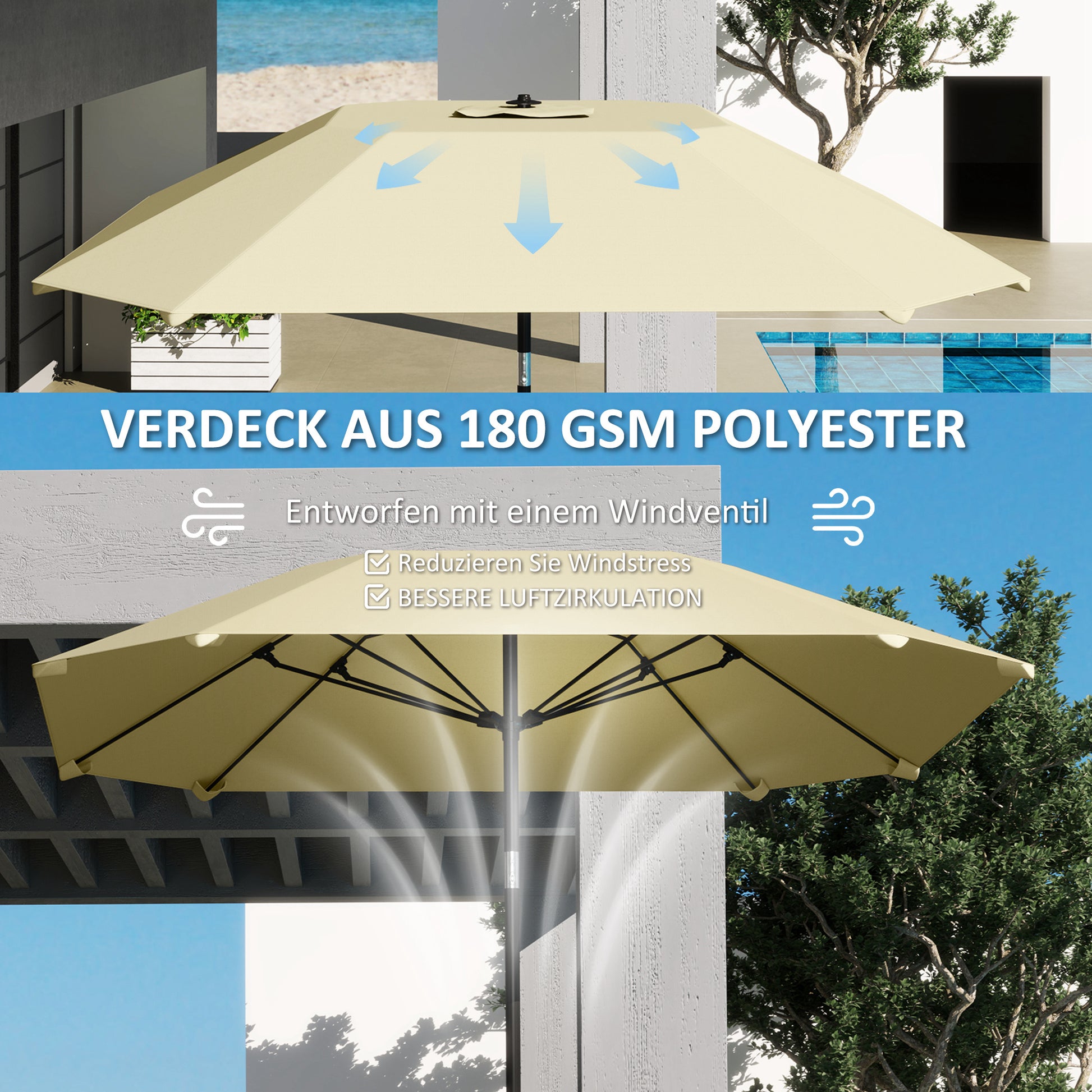 Sun Umbrella Ø233 cm, Umbrella with Tilt Function, Octagonal Balcony Umbrella Beach Umbrella Windproof Stable Market Umbrella Crank Umbrella Sun Protection for Beach Balcony Terrace Garden, Beige