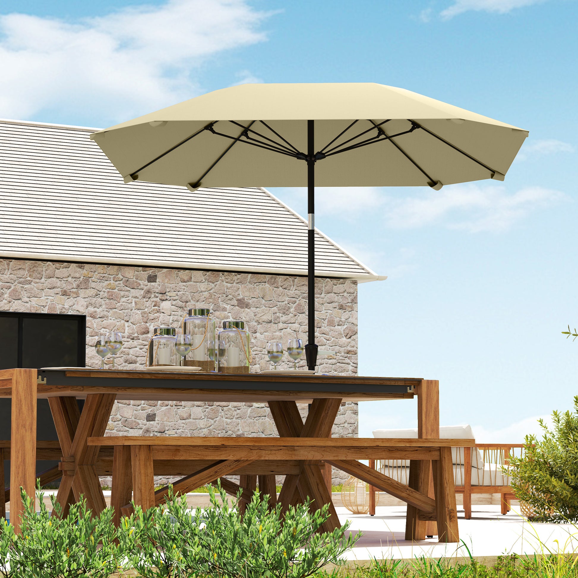 Sun Umbrella Ø233 cm, Umbrella with Tilt Function, Octagonal Balcony Umbrella Beach Umbrella Windproof Stable Market Umbrella Crank Umbrella Sun Protection for Beach Balcony Terrace Garden, Beige