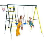Kids Swing Set, 4 in 1 Swing Frame Swing Stand with 2 Swings, Basketball Hoop, Climbing Ladder, Garden Swing for 3-8 Year Old Children, Steel, Yellow