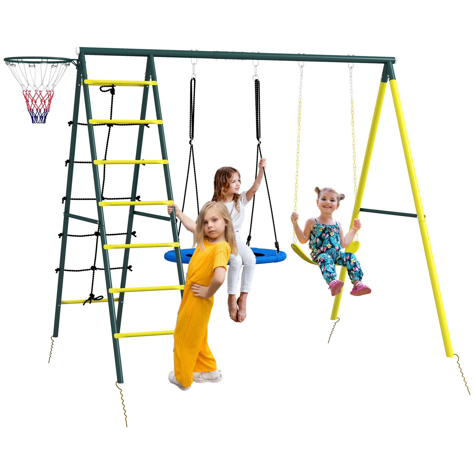 Kids Swing Set, 4 in 1 Swing Frame Swing Stand with 2 Swings, Basketball Hoop, Climbing Ladder, Garden Swing for 3-8 Year Old Children, Steel, Yellow