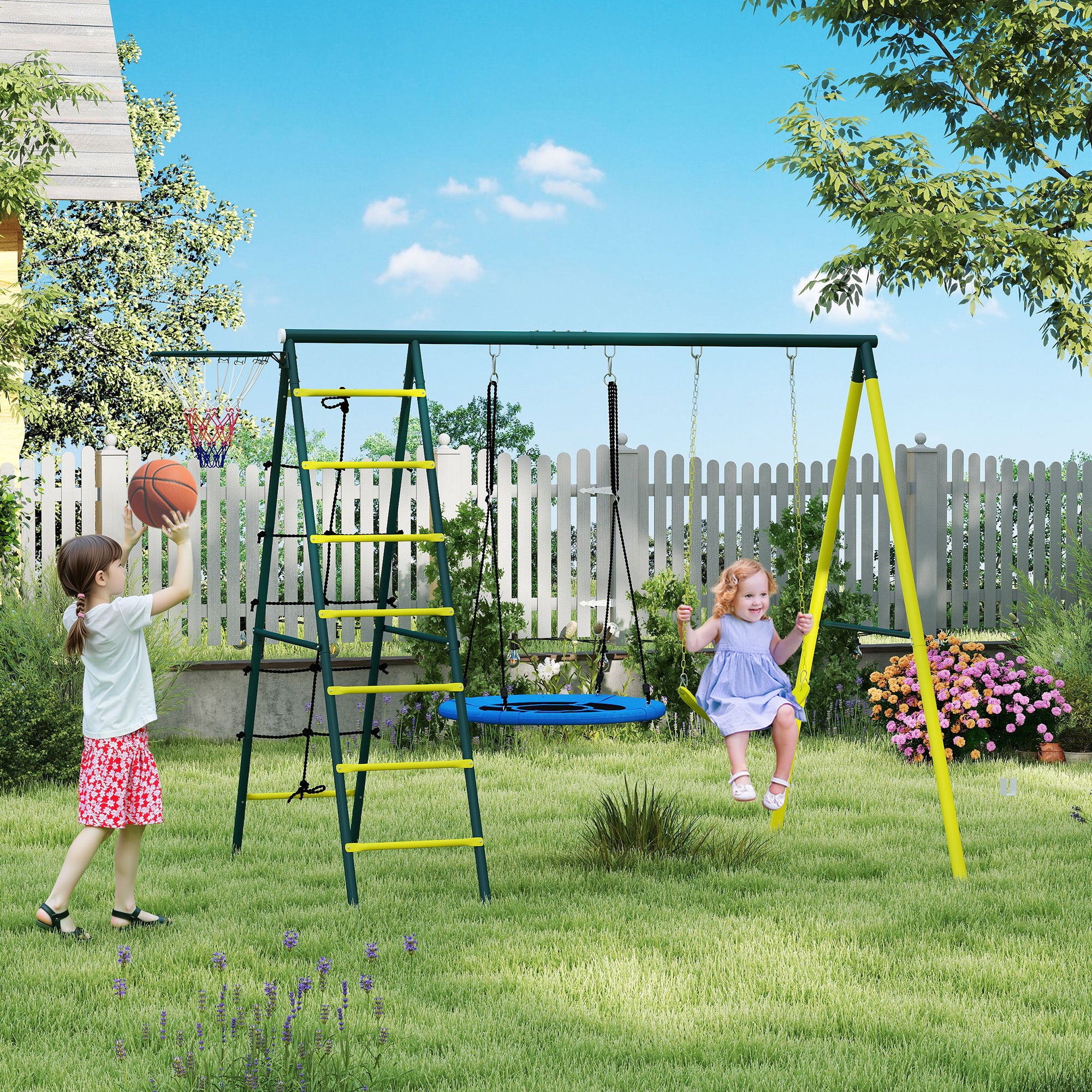 Kids Swing Set, 4 in 1 Swing Frame Swing Stand with 2 Swings, Basketball Hoop, Climbing Ladder, Garden Swing for 3-8 Year Old Children, Steel, Yellow