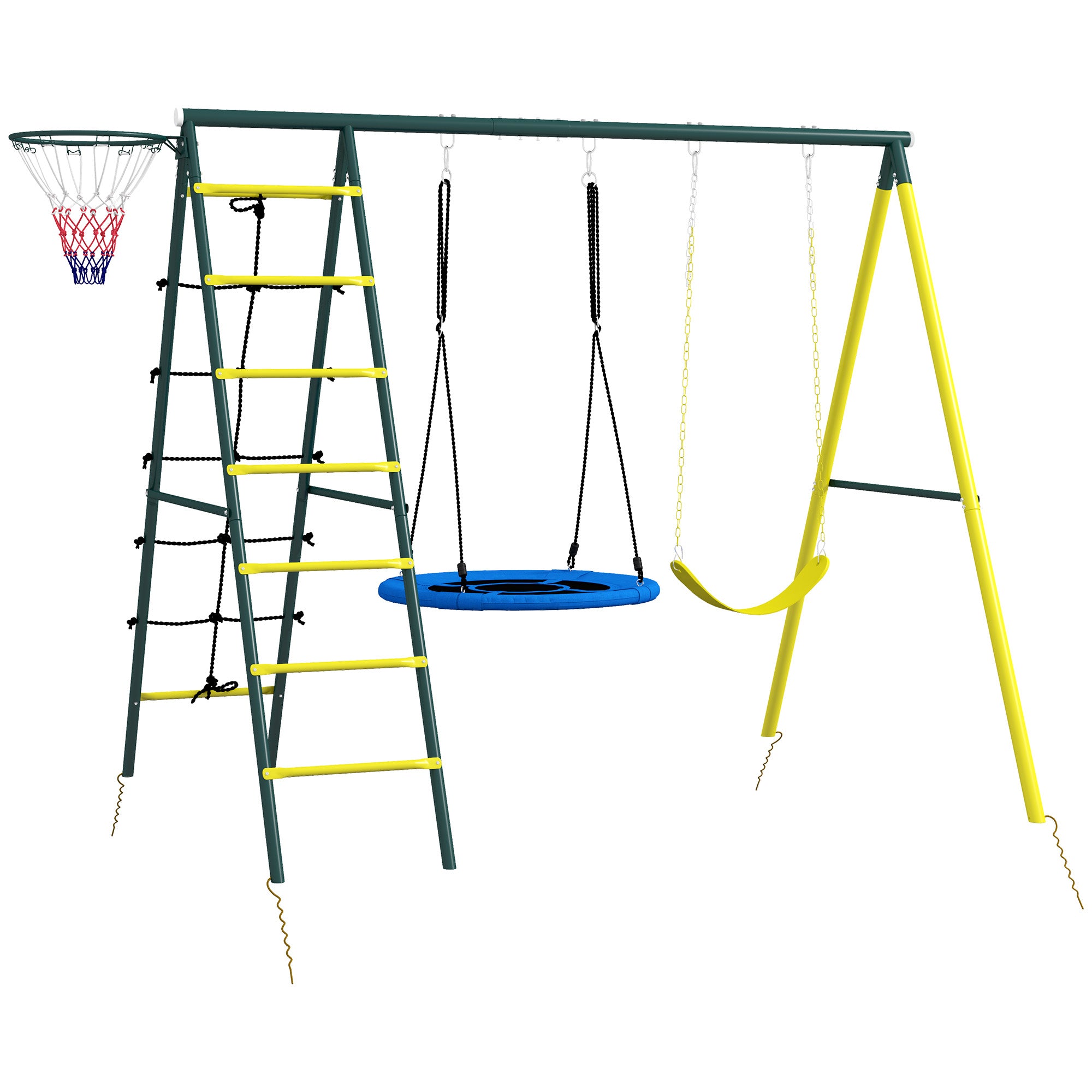 Kids Swing Set, 4 in 1 Swing Frame Swing Stand with 2 Swings, Basketball Hoop, Climbing Ladder, Garden Swing for 3-8 Year Old Children, Steel, Yellow