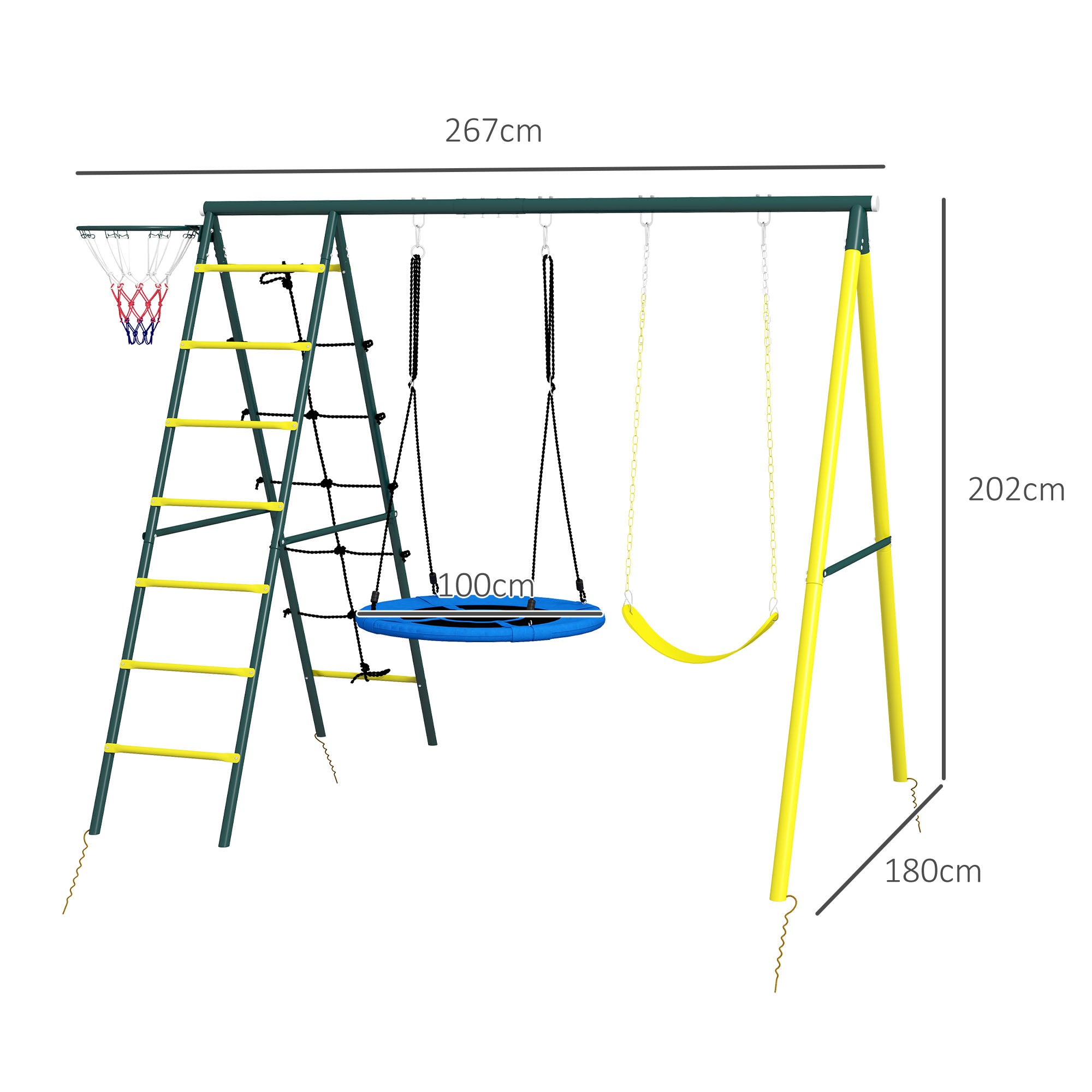 Kids Swing Set, 4 in 1 Swing Frame Swing Stand with 2 Swings, Basketball Hoop, Climbing Ladder, Garden Swing for 3-8 Year Old Children, Steel, Yellow