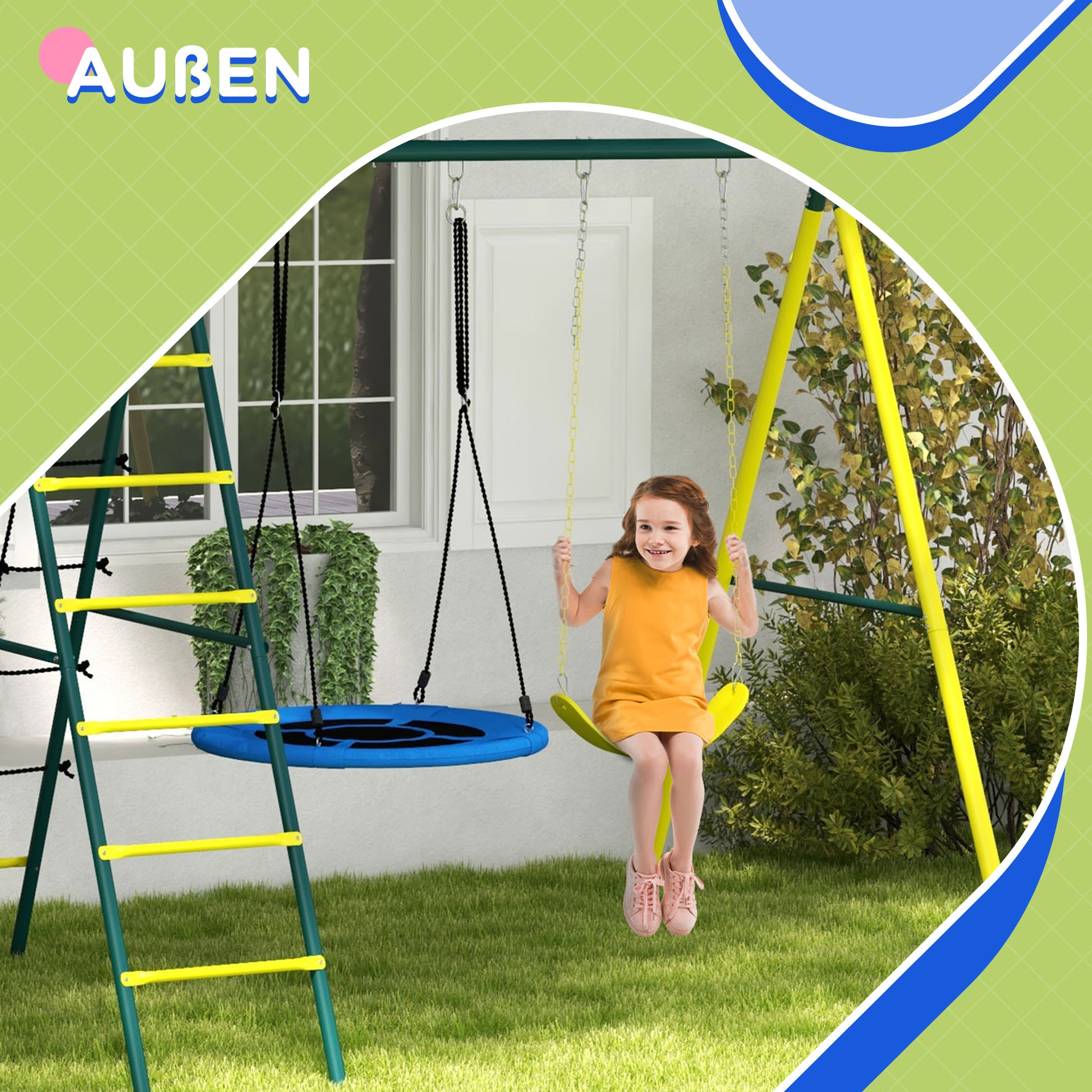 Kids Swing Set, 4 in 1 Swing Frame Swing Stand with 2 Swings, Basketball Hoop, Climbing Ladder, Garden Swing for 3-8 Year Old Children, Steel, Yellow