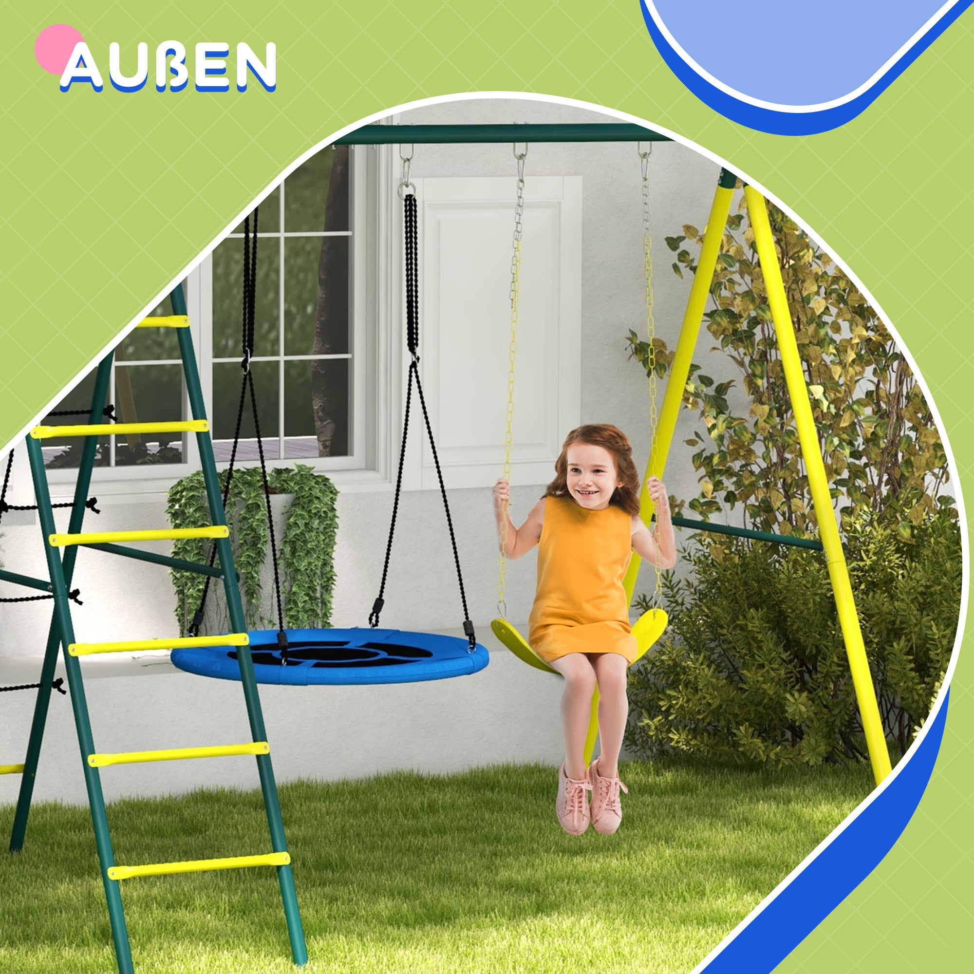Kids Swing Set, 4 in 1 Swing Frame Swing Stand with 2 Swings, Basketball Hoop, Climbing Ladder, Garden Swing for 3-8 Year Old Children, Steel, Yellow