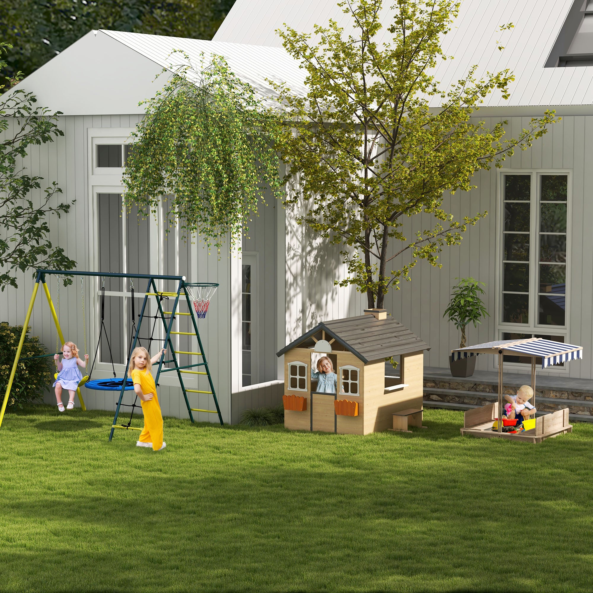 Kids Swing Set, 4 in 1 Swing Frame Swing Stand with 2 Swings, Basketball Hoop, Climbing Ladder, Garden Swing for 3-8 Year Old Children, Steel, Yellow