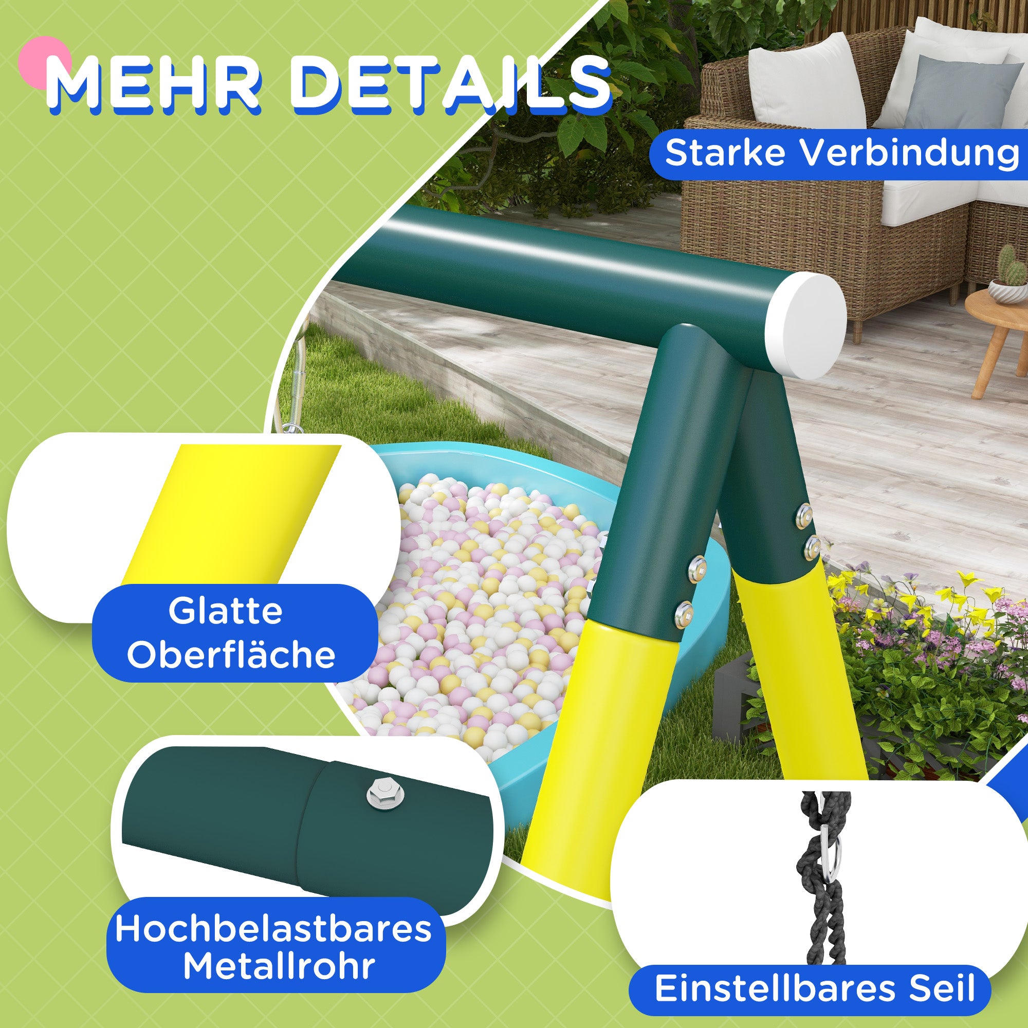 Kids Swing Set, 4 in 1 Swing Frame Swing Stand with 2 Swings, Basketball Hoop, Climbing Ladder, Garden Swing for 3-8 Year Old Children, Steel, Yellow