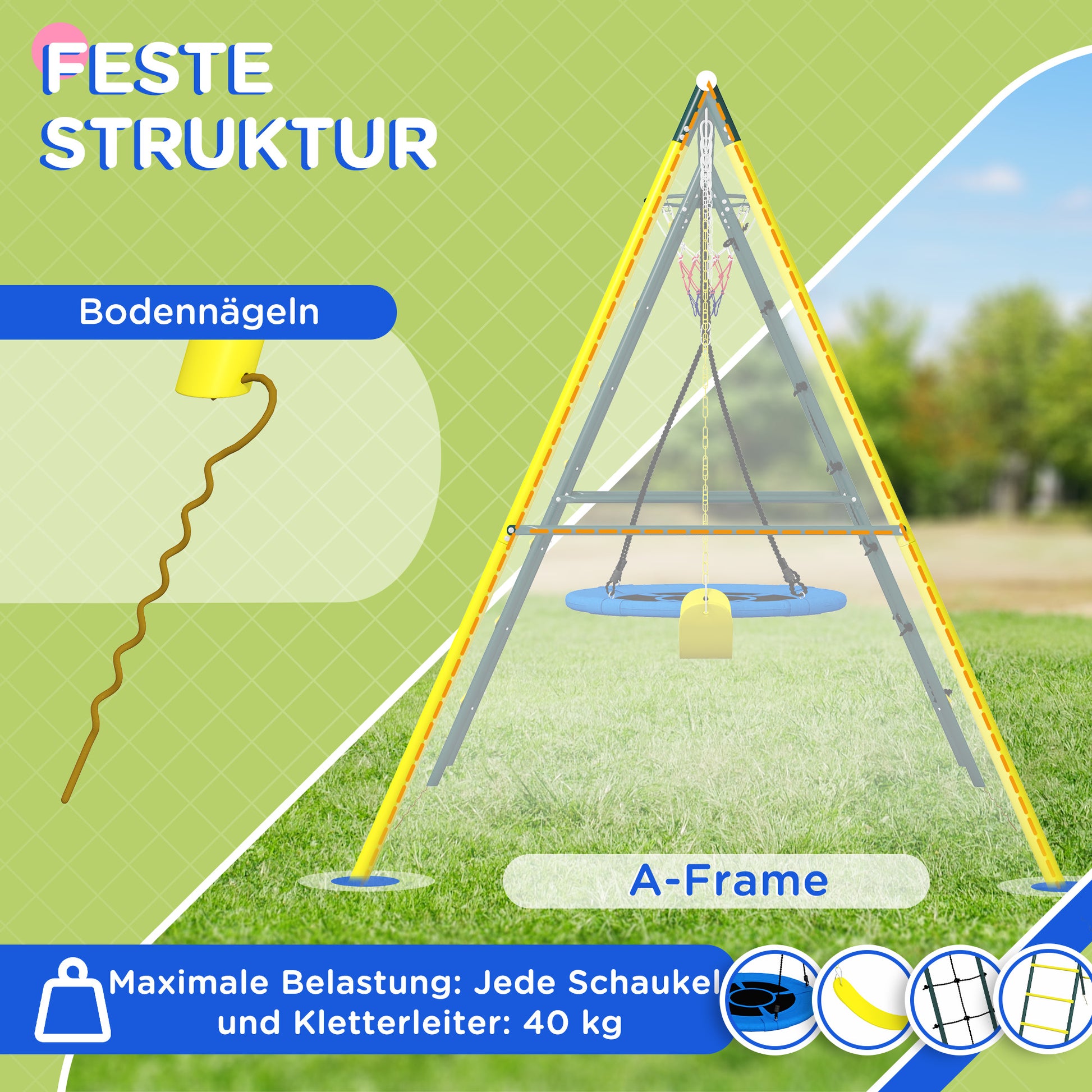 Kids Swing Set, 4 in 1 Swing Frame Swing Stand with 2 Swings, Basketball Hoop, Climbing Ladder, Garden Swing for 3-8 Year Old Children, Steel, Yellow