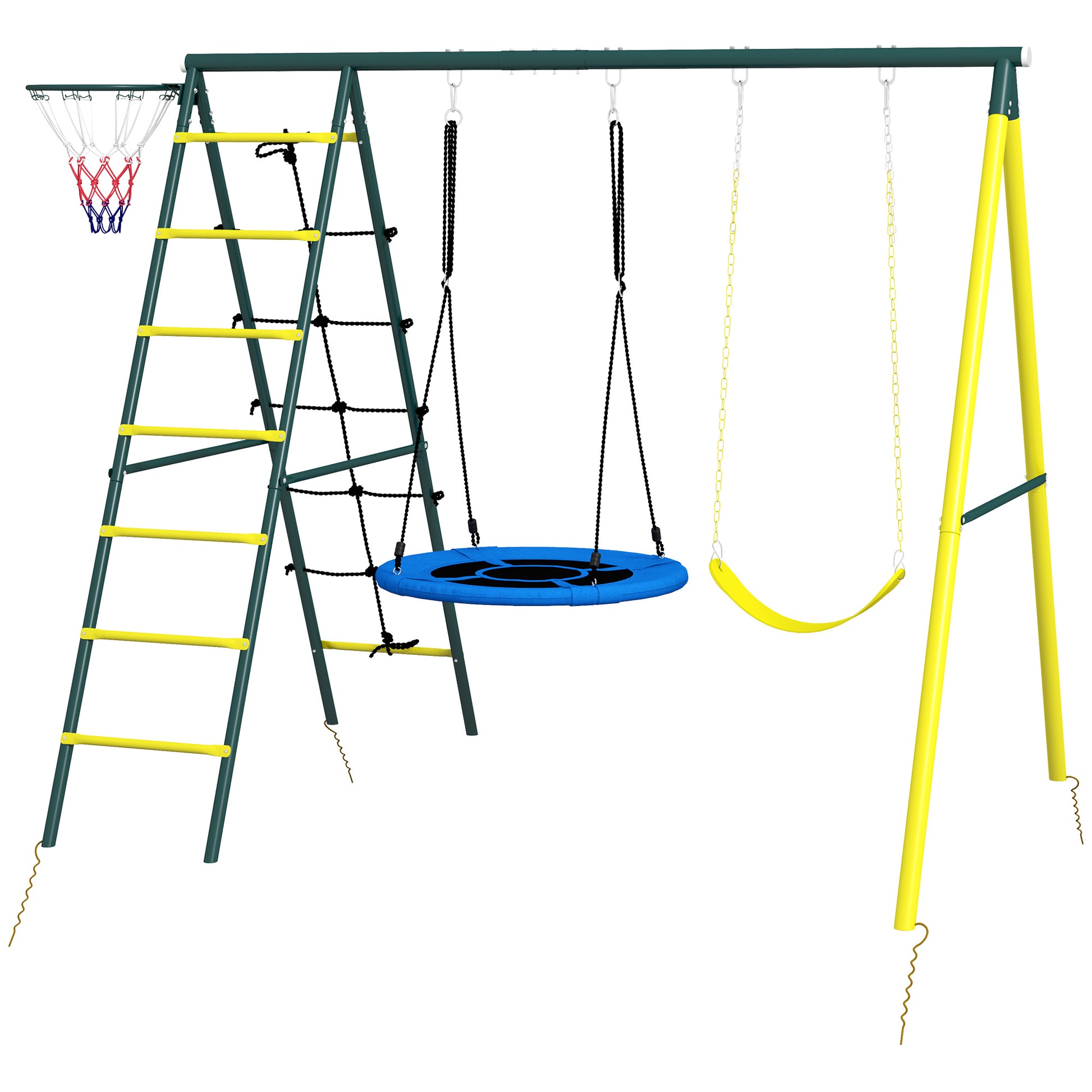 Kids Swing Set, 4 in 1 Swing Frame Swing Stand with 2 Swings, Basketball Hoop, Climbing Ladder, Garden Swing for 3-8 Year Old Children, Steel, Yellow