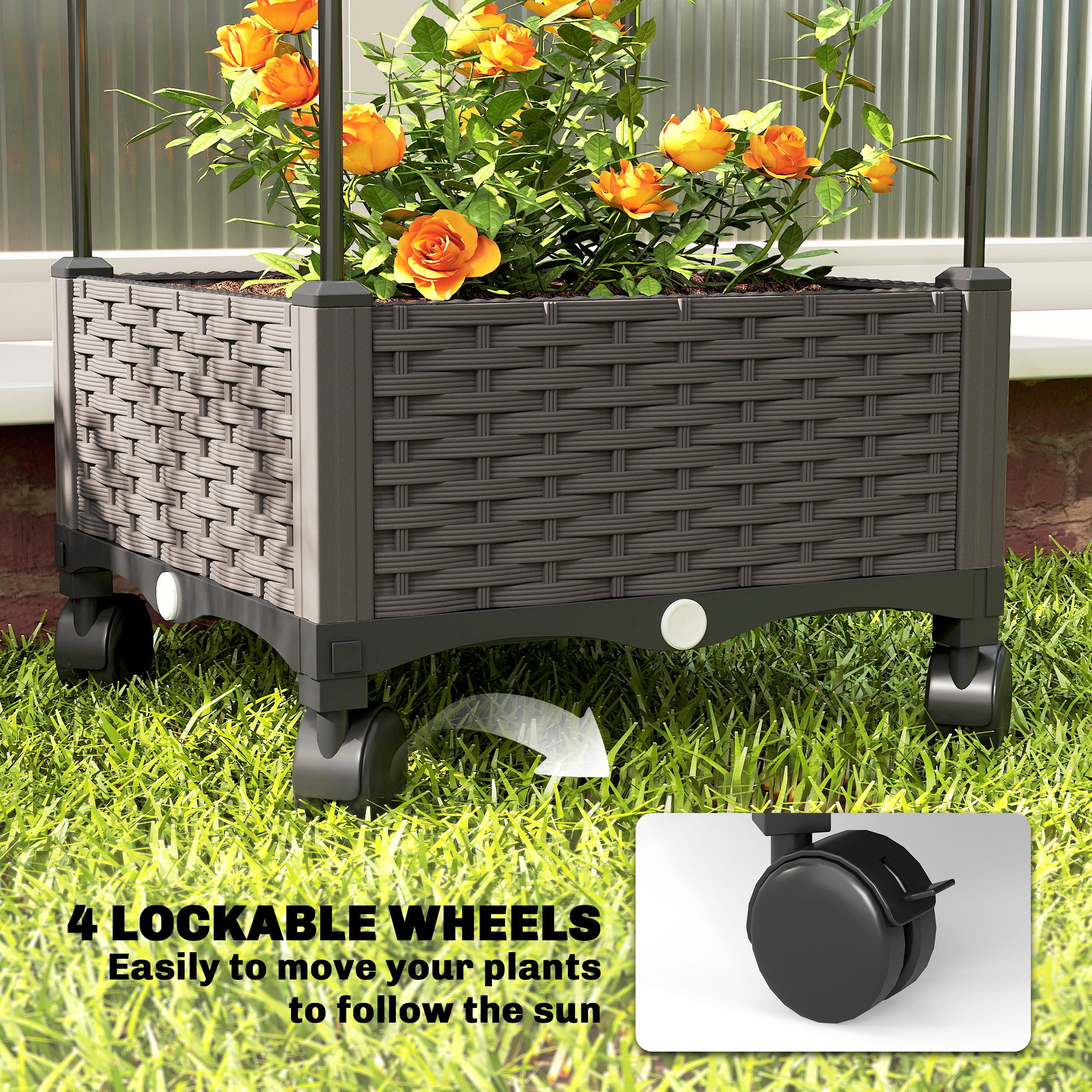 Raised Planter with Trellis, Mobile Planter on Wheels with Drain Hole, Plastic Trough for Climbing Plants, 15.7 x 15.7 x 72.8 in