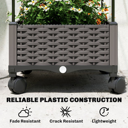 Raised Planter with Trellis, Mobile Planter on Wheels with Drain Hole, Plastic Trough for Climbing Plants, 15.7 x 15.7 x 72.8 in