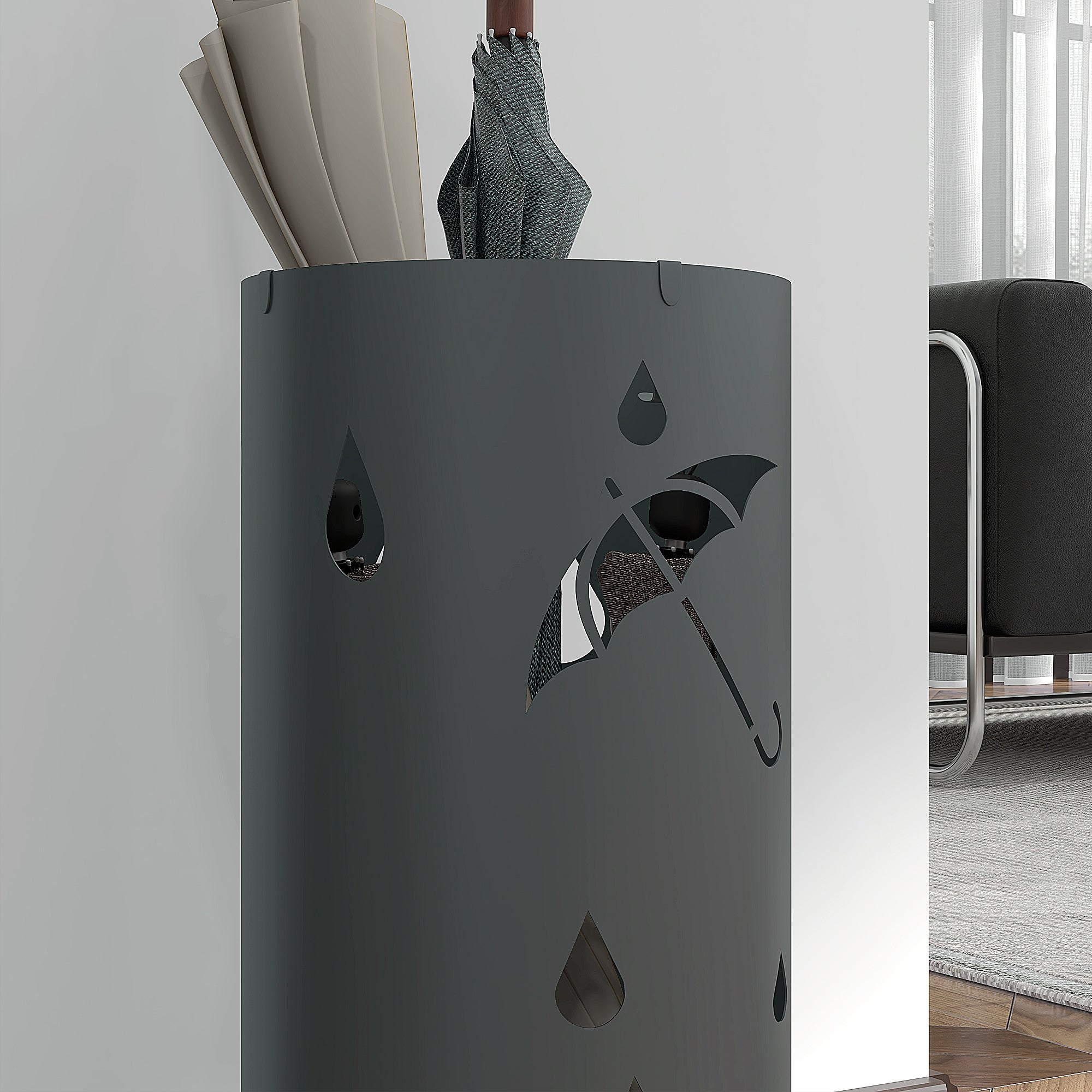Umbrella Stand Umbrella Holder with 4 Hooks and Removable Drip Tray Umbrella Holder for Walking Sticks & Umbrellas Steel Ø17 x 41 cm Dark Gray