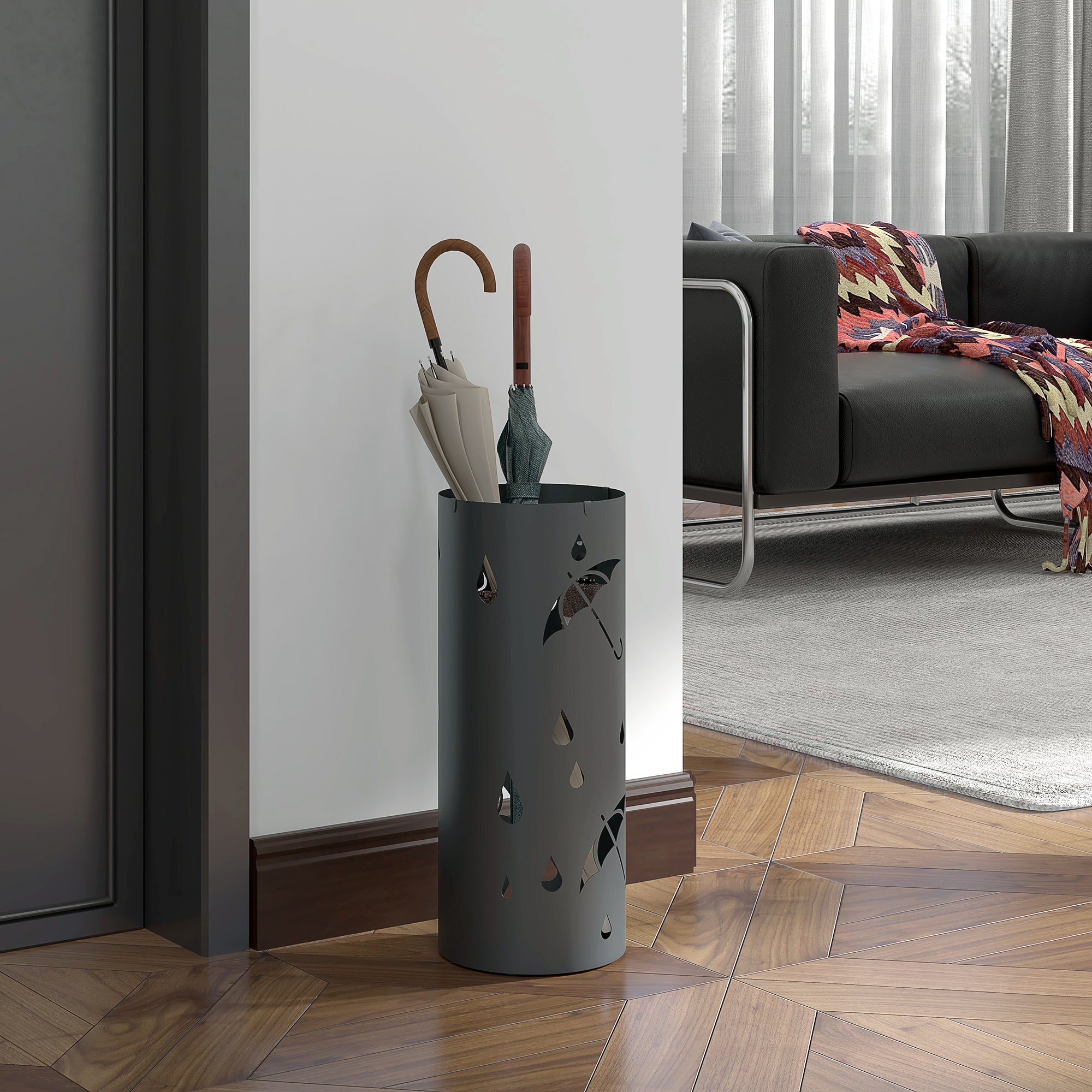 Umbrella Stand Umbrella Holder with 4 Hooks and Removable Drip Tray Umbrella Holder for Walking Sticks & Umbrellas Steel Ø17 x 41 cm Dark Gray