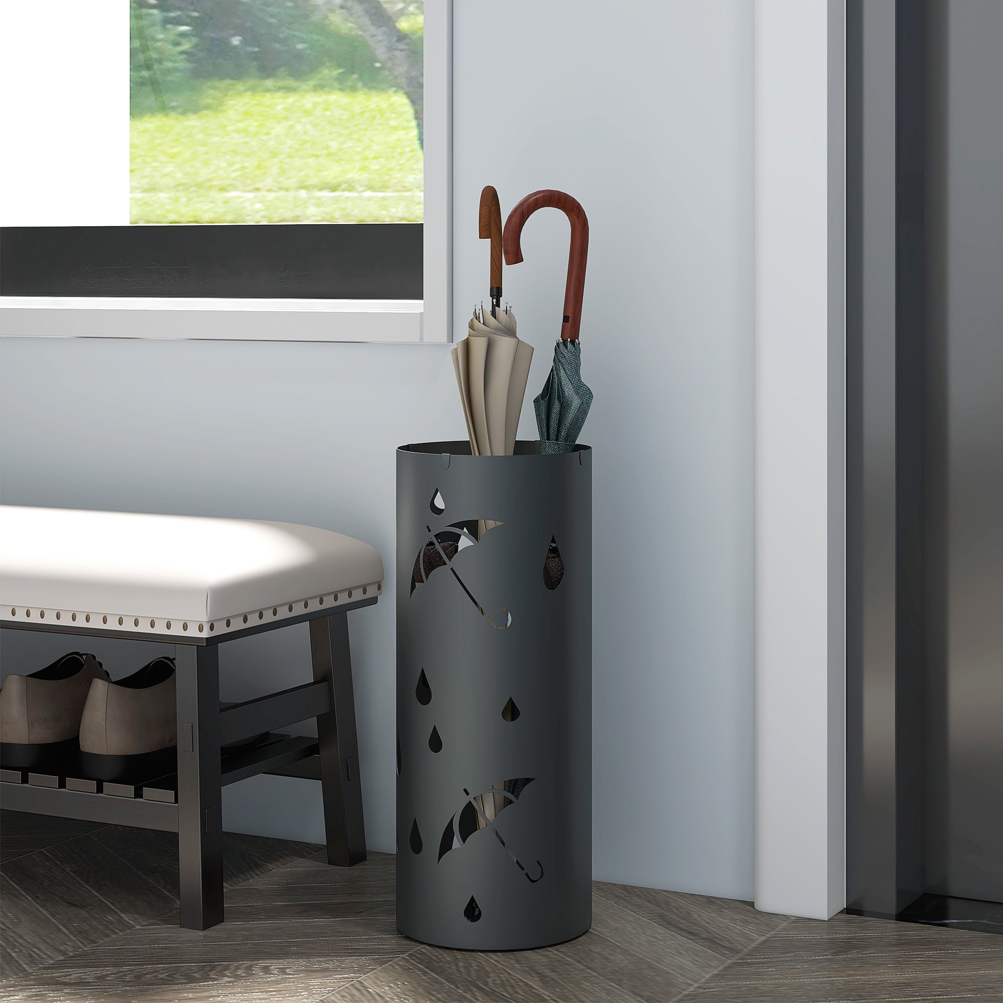 Umbrella Stand Umbrella Holder with 4 Hooks and Removable Drip Tray Umbrella Holder for Walking Sticks & Umbrellas Steel Ø17 x 41 cm Dark Gray