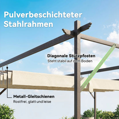 Outsunny 4 x 3 m seinälle kiinnitettävä puutarhapergola, säädettävä katos, UPF30+, vedenpoistoaukot ja teräsrunko — kerma