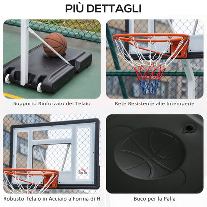 Adult Basketball Hoop with Adjustable PVC Backboard 90x60x260-310cm and Integrated Wheels White