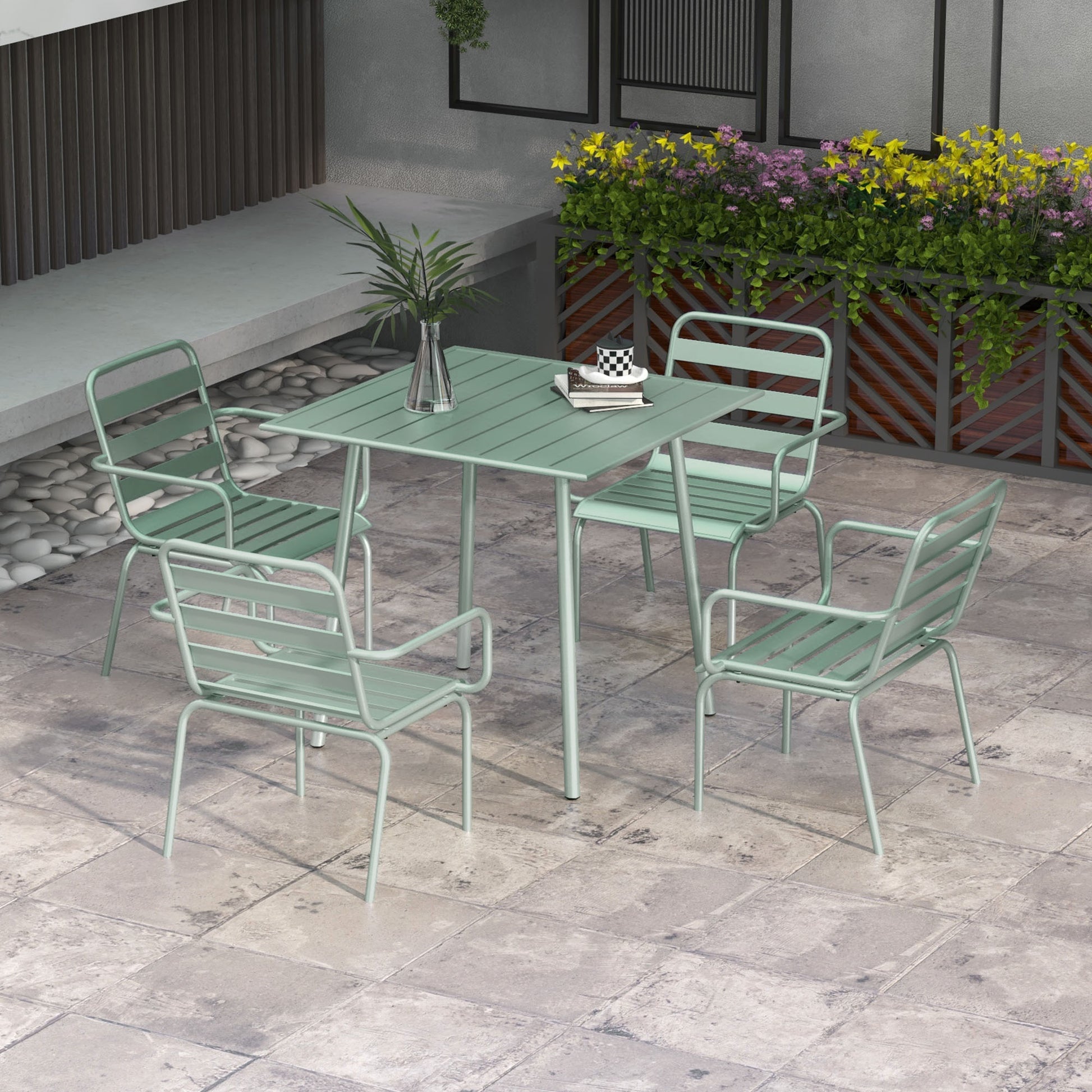 5-Piece Patio Dining Set, Garden Furniture Set with 1 Dining Table, 4 Stackable Chairs, Patio Seating Set, for Balcony, Terrace, Steel, Green